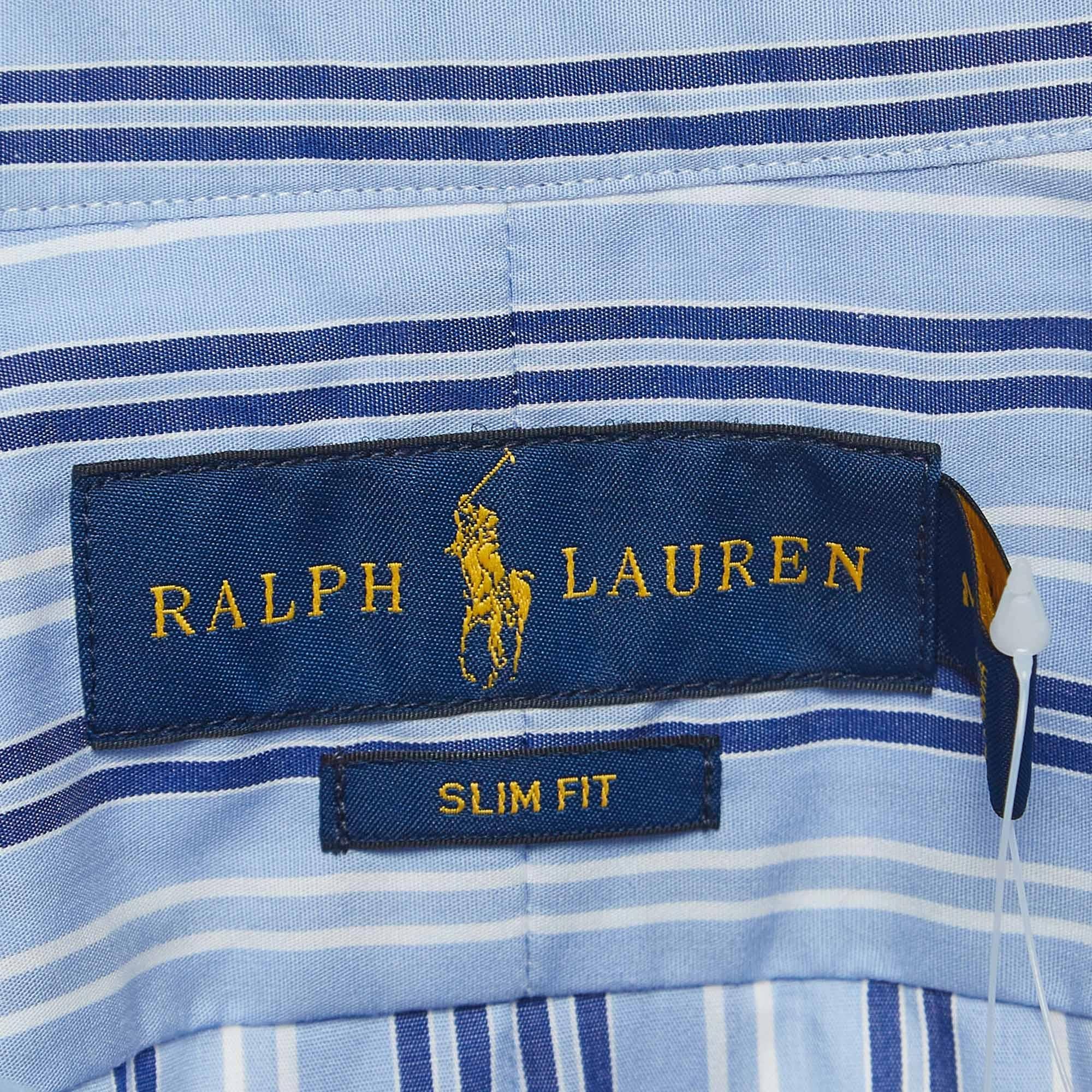 Polo Ralph Lauren Blue Stripe Cotton Slim Fit Button Down Shirt M In Excellent Condition For Sale In Dubai, Al Qouz 2