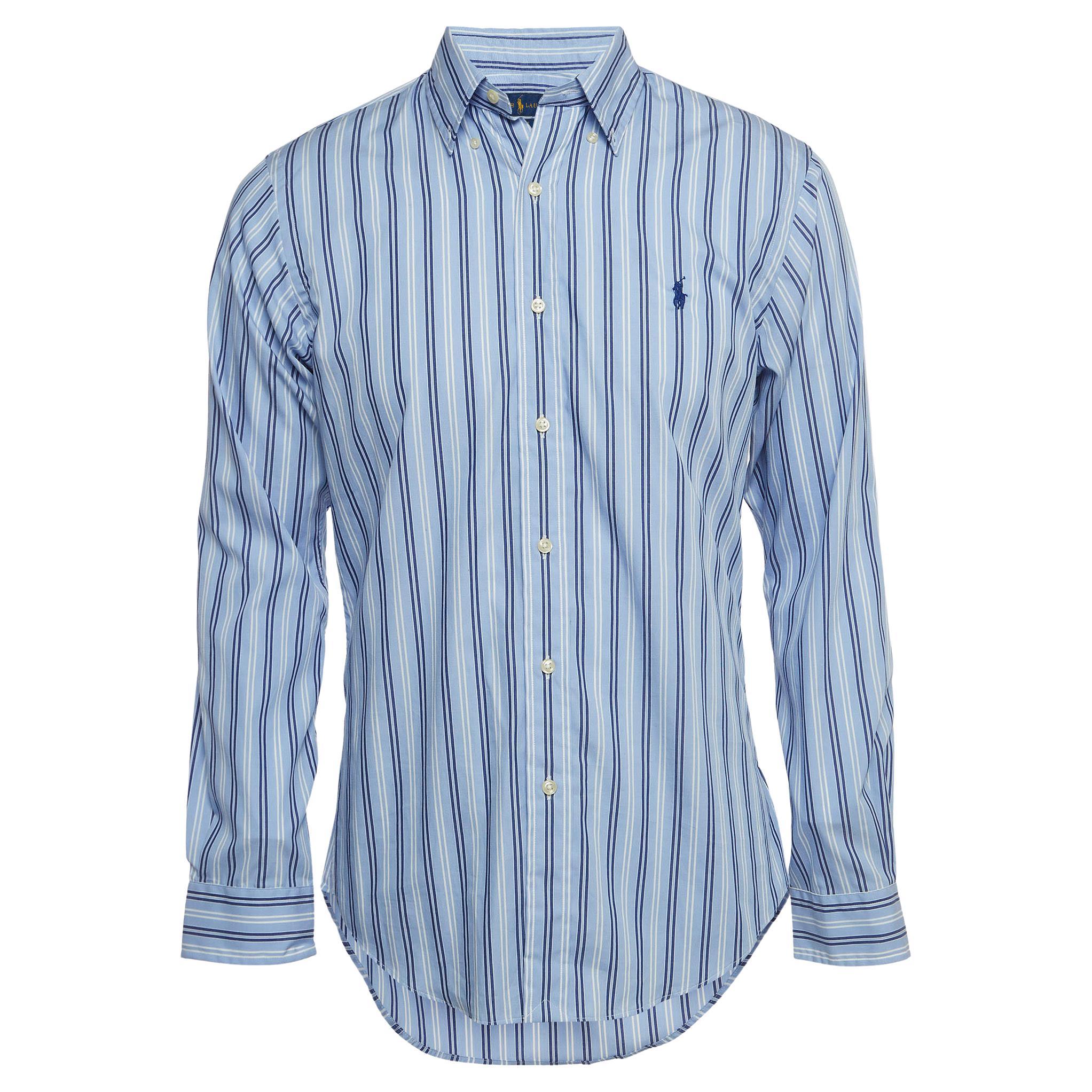 Polo Ralph Lauren Blue Stripe Cotton Slim Fit Button Down Shirt M For Sale
