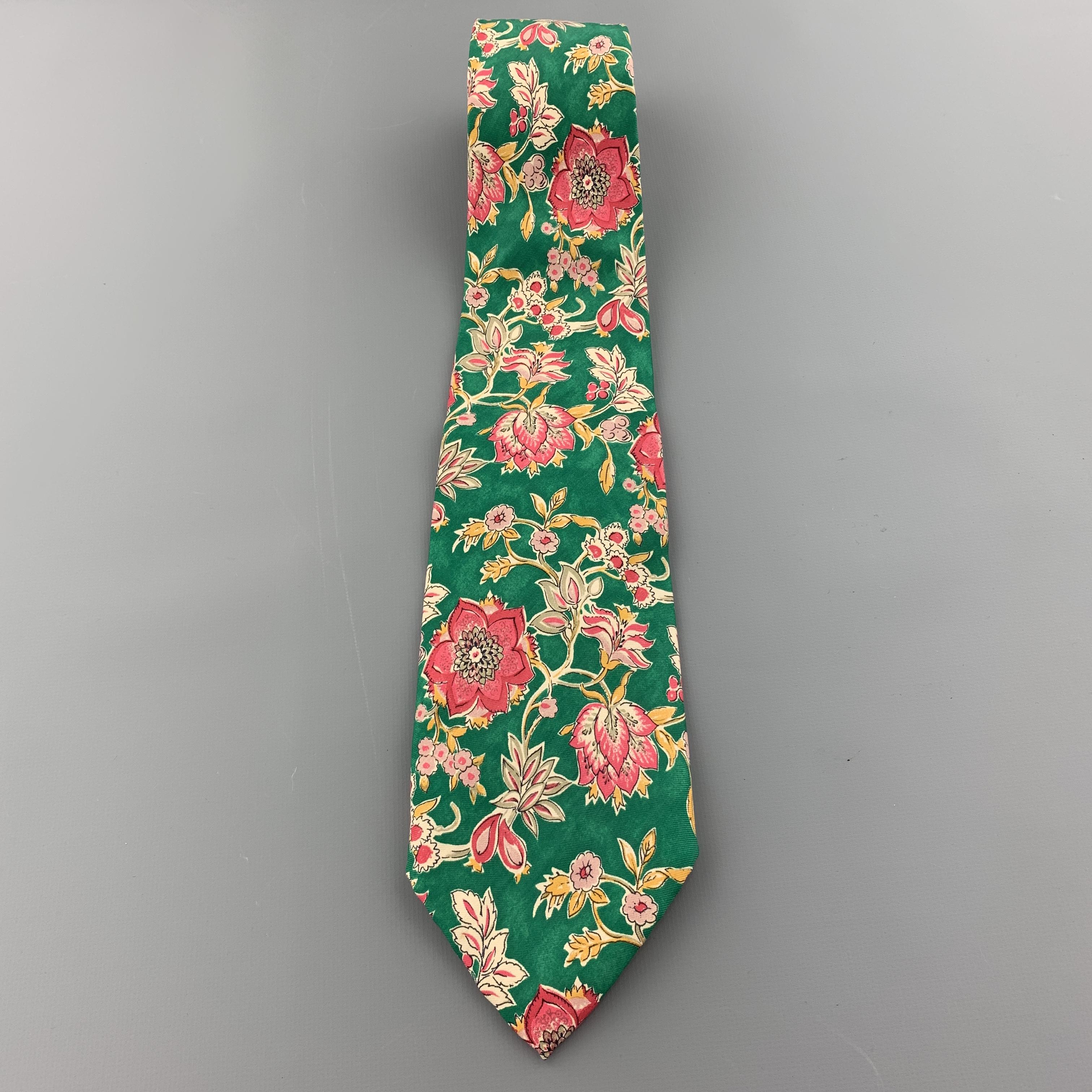 Black POLO RALPH LAUREN Green & Pink Floral Print Silk Tie