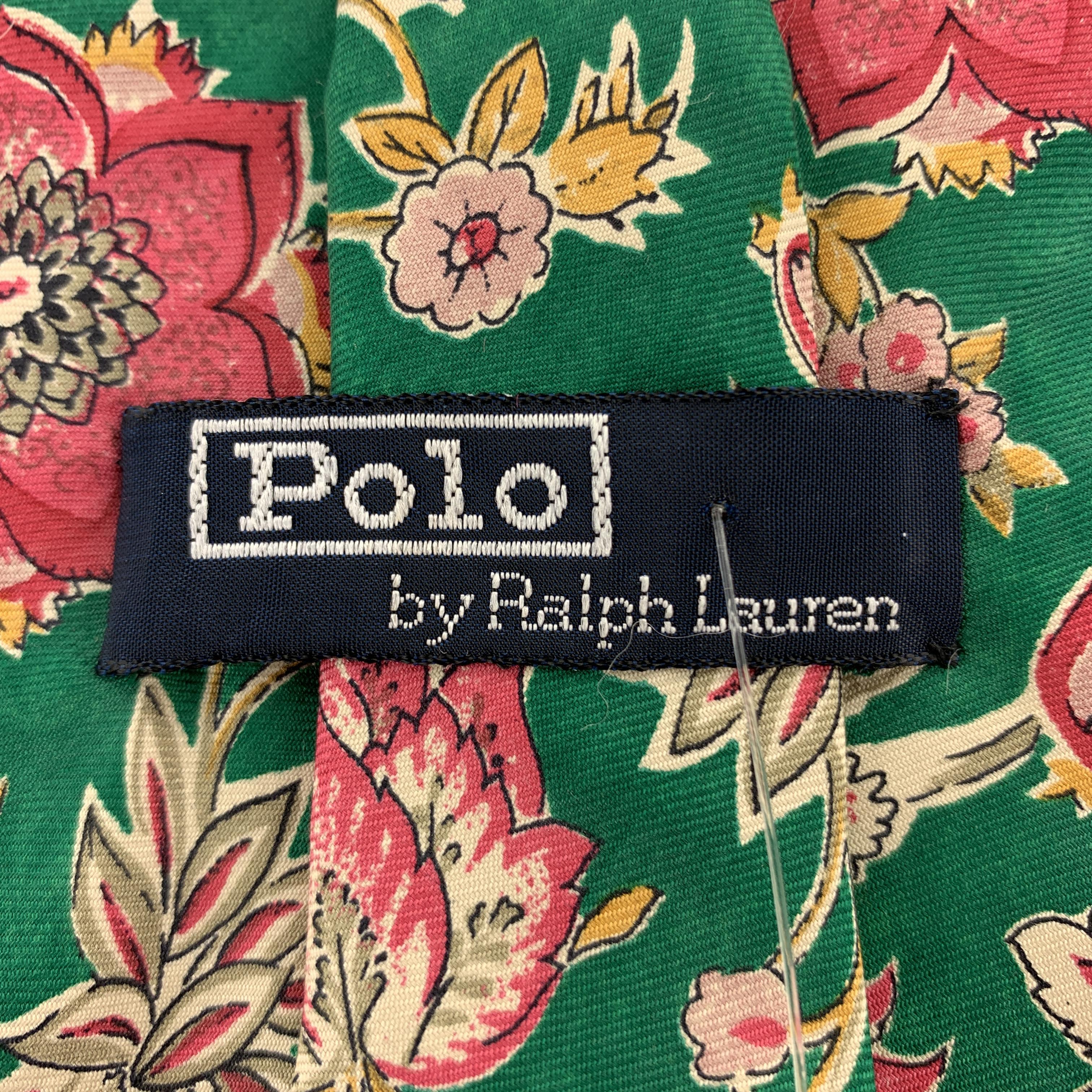 POLO RALPH LAUREN Green & Pink Floral Print Silk Tie In Excellent Condition In San Francisco, CA