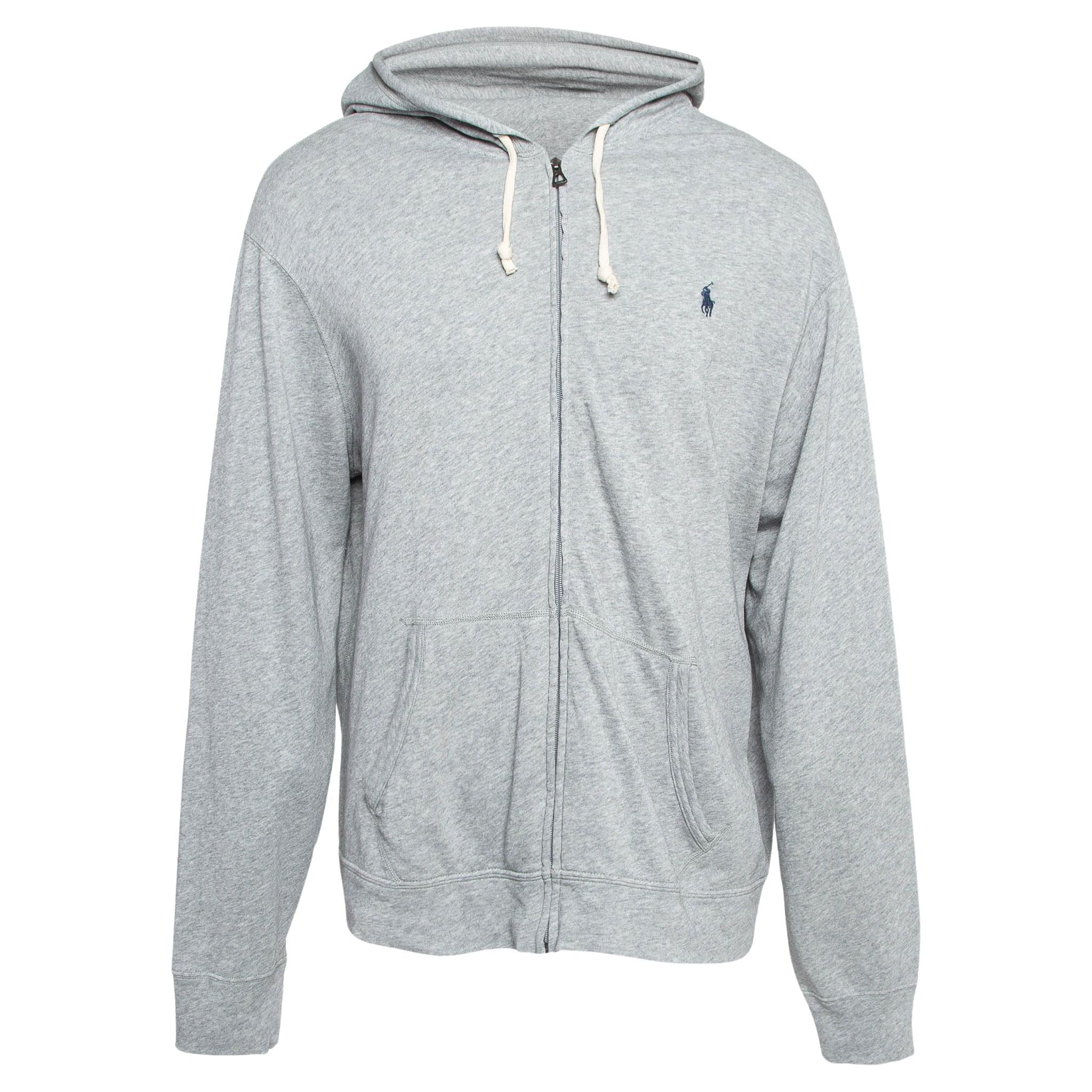 Polo Ralph Lauren Grey Cotton Knit Spa Terry Zipper Hoodie XL For Sale