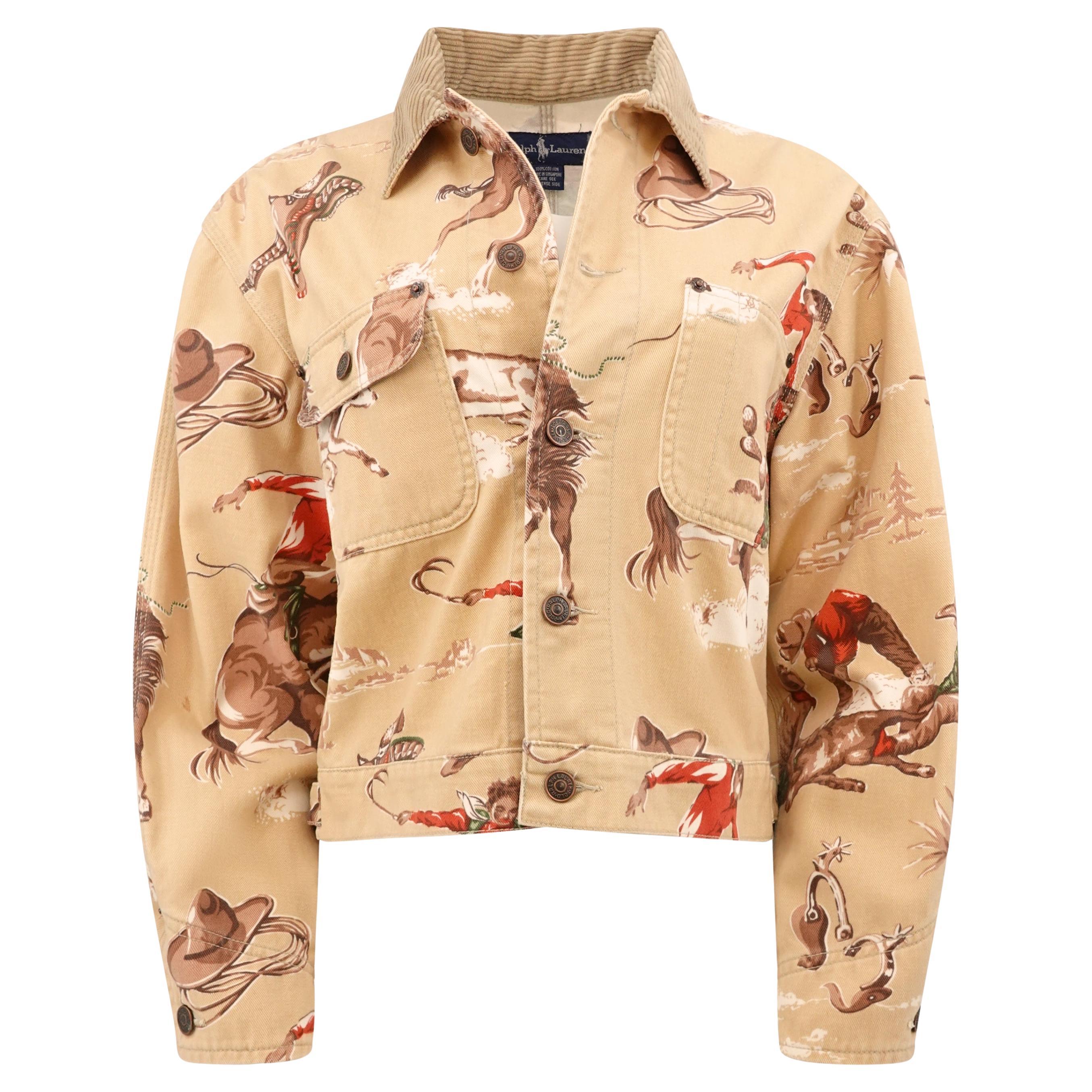 Polo Ralph Lauren Heritage Rodeo Print Cropped Denim Dungaree Jacket C. 80s 90s