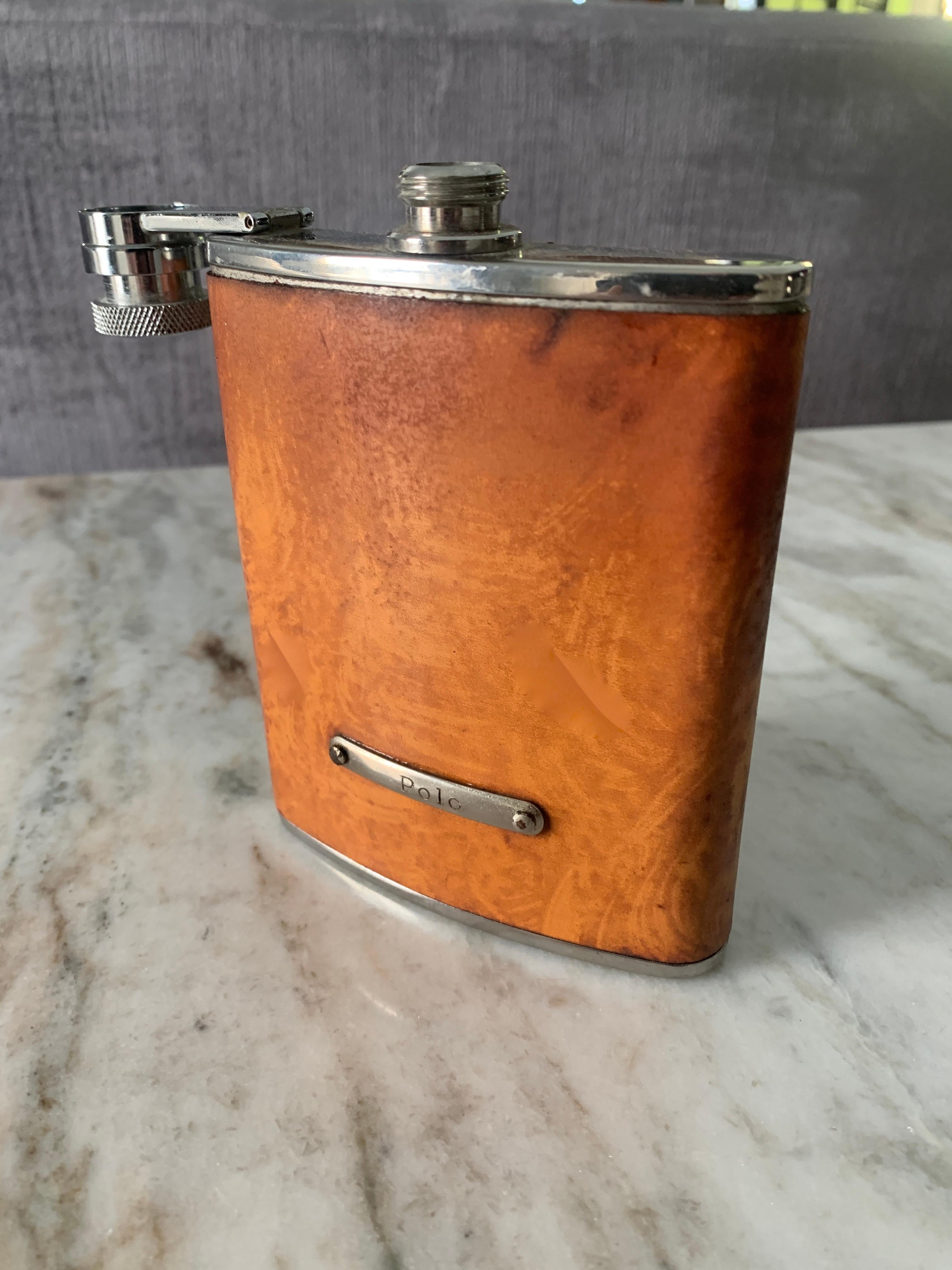 Polo Ralph Lauren Leather and Stainless Steel Flask In Good Condition In Los Angeles, CA