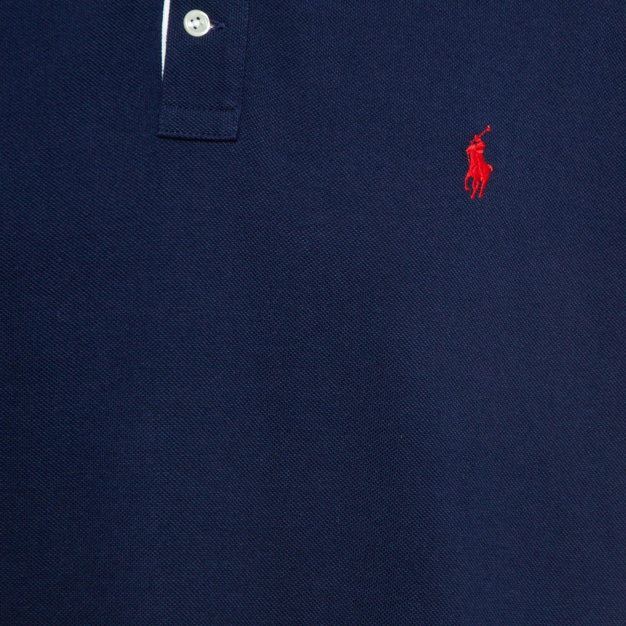 Black Polo Ralph Lauren Navy Blue Contrast Trim Cotton Pique Polo T-Shirt XXL For Sale