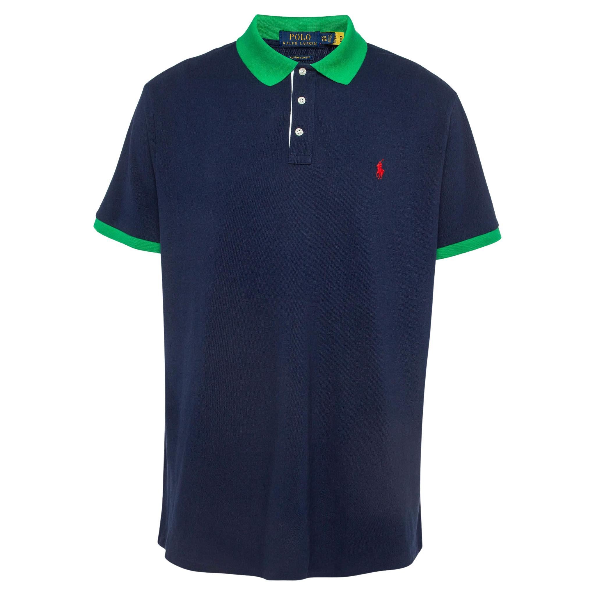 Polo Ralph Lauren Navy Blue Contrast Trim Cotton Pique Polo T-Shirt XXL For Sale