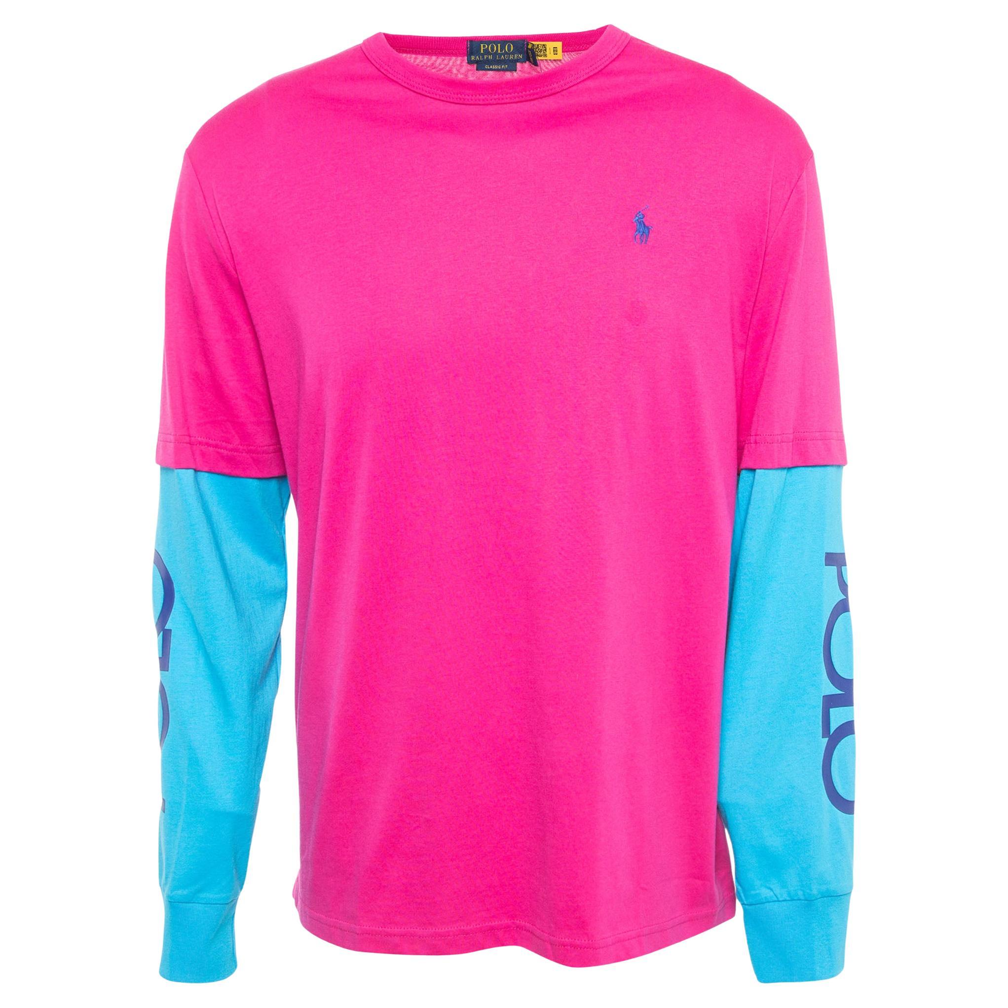 Polo Ralph Lauren Pink/Blue Cotton Classic Fit Long Sleeve T-Shirt M For Sale