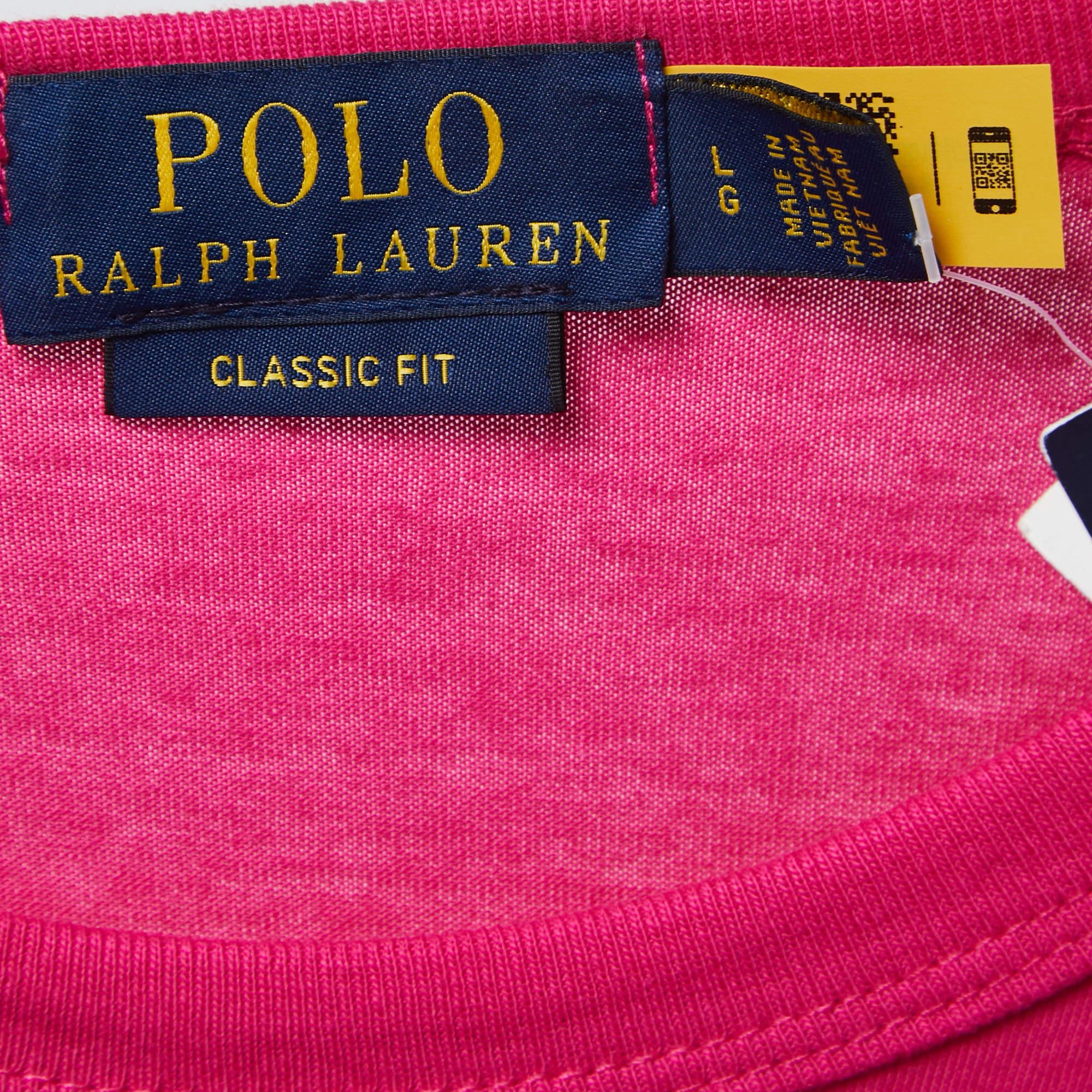 Polo Ralph Lauren Pink/Blue Logo Embroidered Cotton Crew Neck Long Sleeve T-Shir For Sale 3