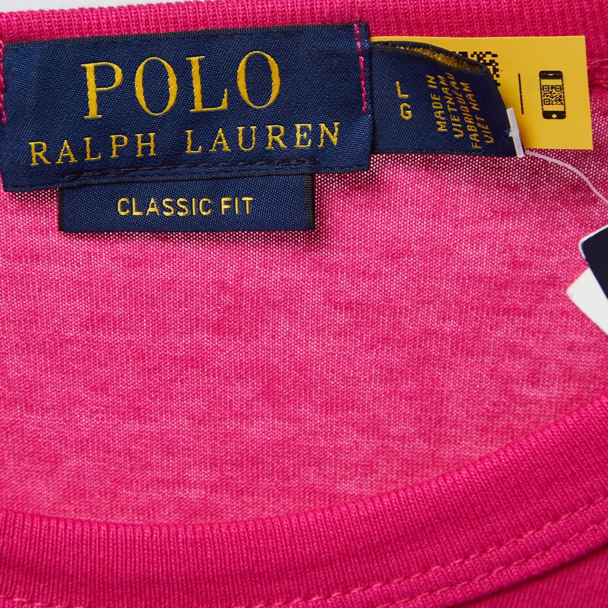 Polo Ralph Lauren Pink/Blue Logo Embroidered Cotton Crew Neck Long Sleeve T-Shir (T-shirt à manches longues avec logo brodé en coton) en vente 2