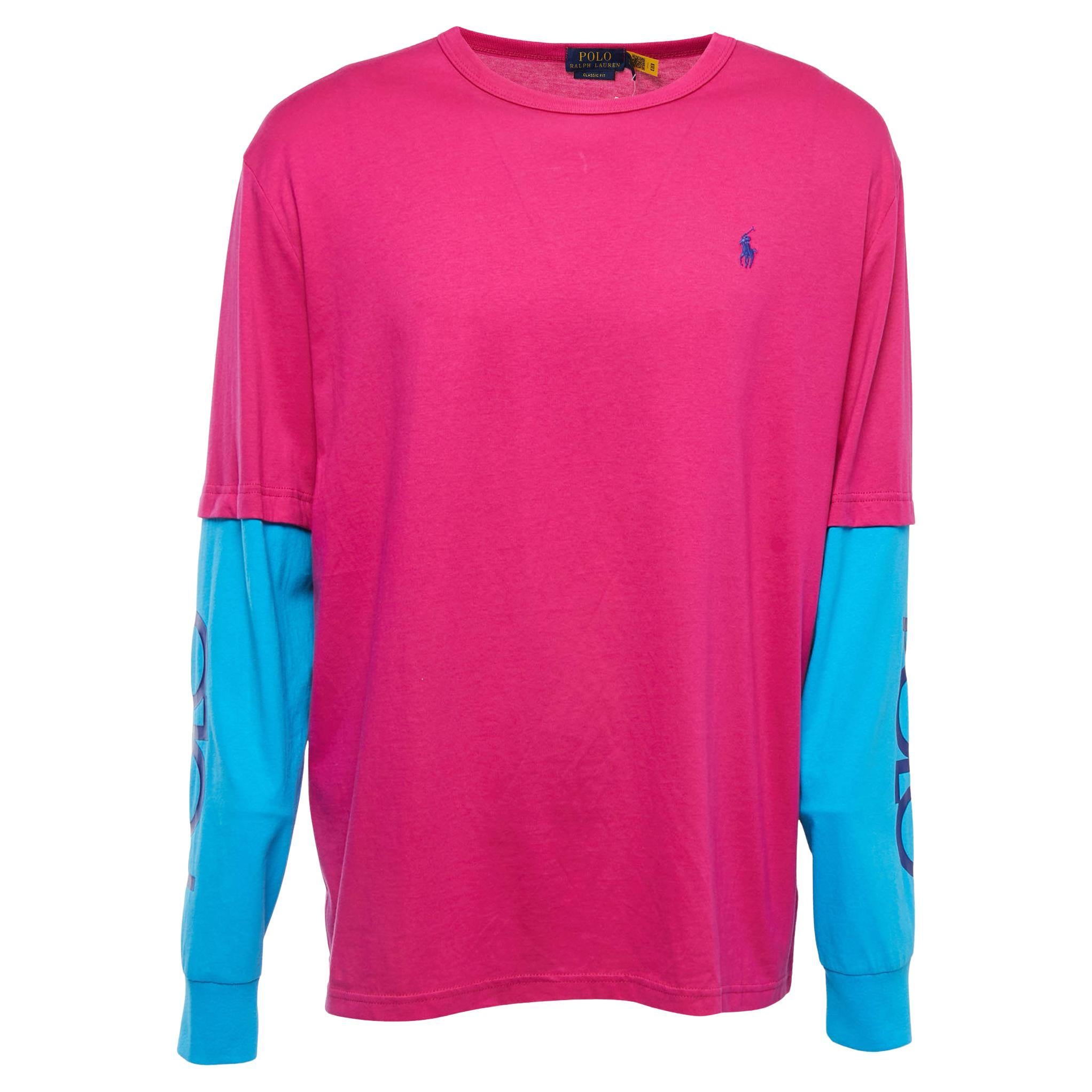Polo Ralph Lauren Pink/Blue Logo Embroidered Cotton Crew Neck Long Sleeve T-Shir For Sale
