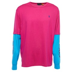 Polo Ralph Lauren Pink/Blue Logo Embroidered Cotton Crew Neck Long Sleeve T-Shir (T-shirt à manches longues avec logo brodé en coton)