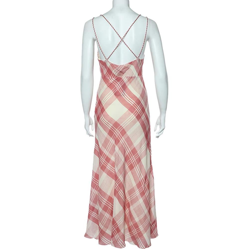 Beige Polo Ralph Lauren Pink Checkered Twill Cross Back Detail Maxi Dress S