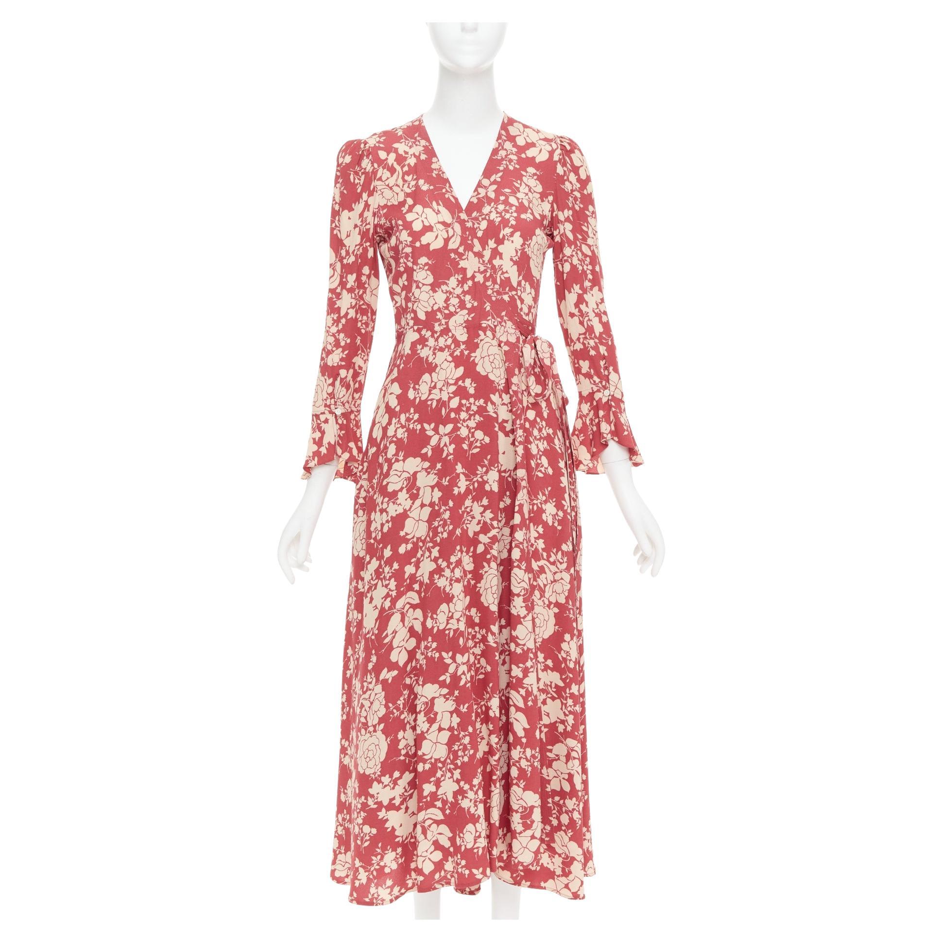 POLO RALPH LAUREN red beige floral print flare sleeve wrap dress US2 S