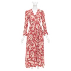 POLO RALPH LAUREN red beige floral print flare sleeve wrap dress US2 S