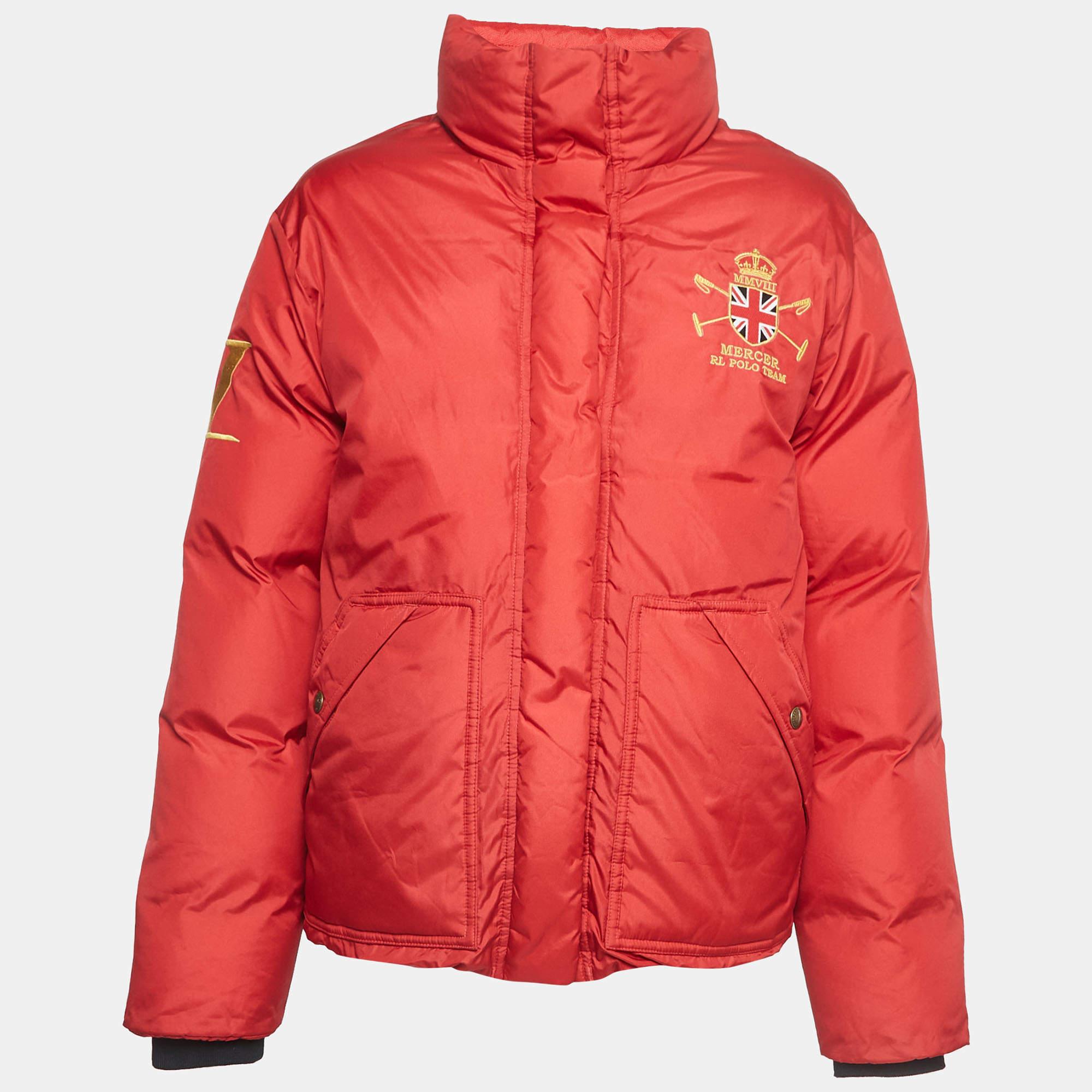 Polo Ralph Lauren Red Graphic Print Synthetic Buttoned Down Jacket XS For Sale 2