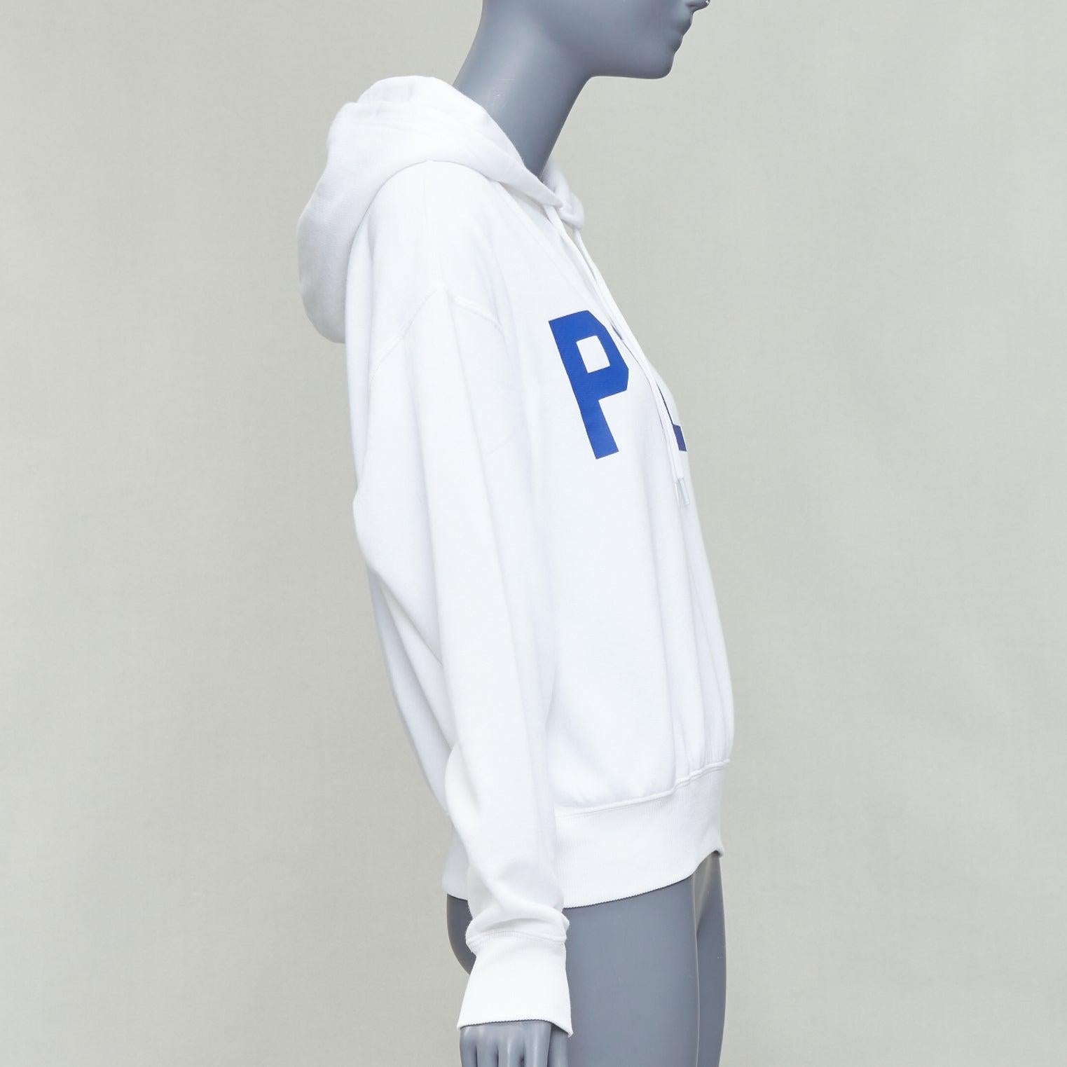 POLO RALPH LAUREN white blue cotton blend logo stripe arm hoodie XS In Good Condition For Sale In Hong Kong, NT