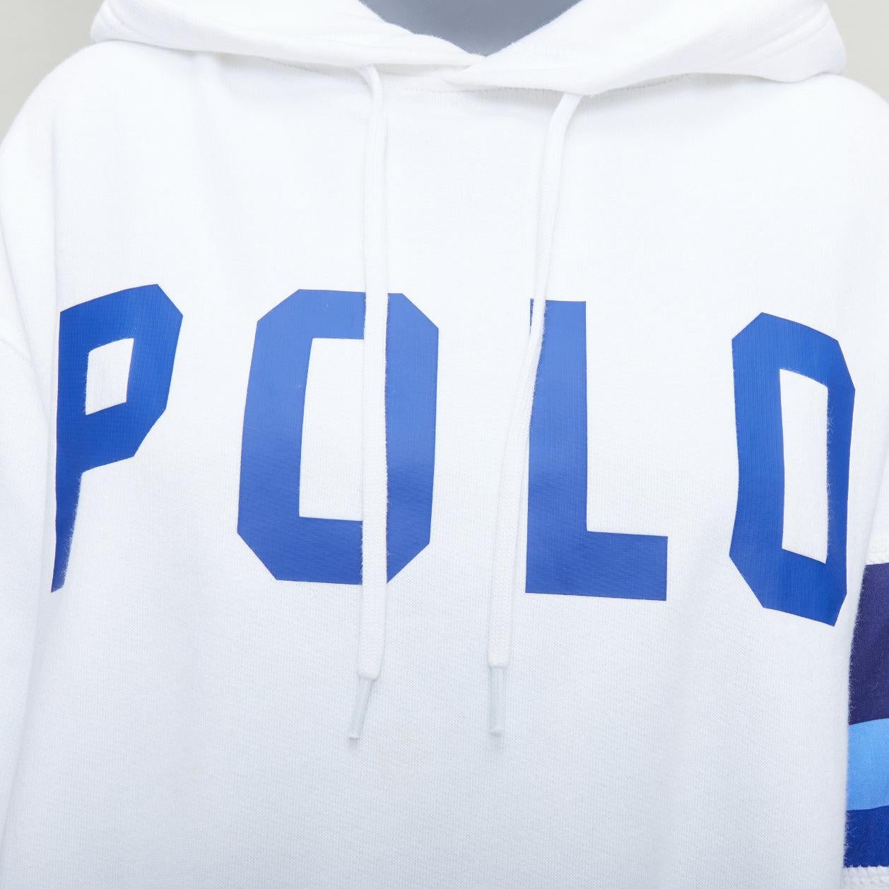 POLO RALPH LAUREN white blue cotton blend logo stripe arm hoodie XS For Sale 2