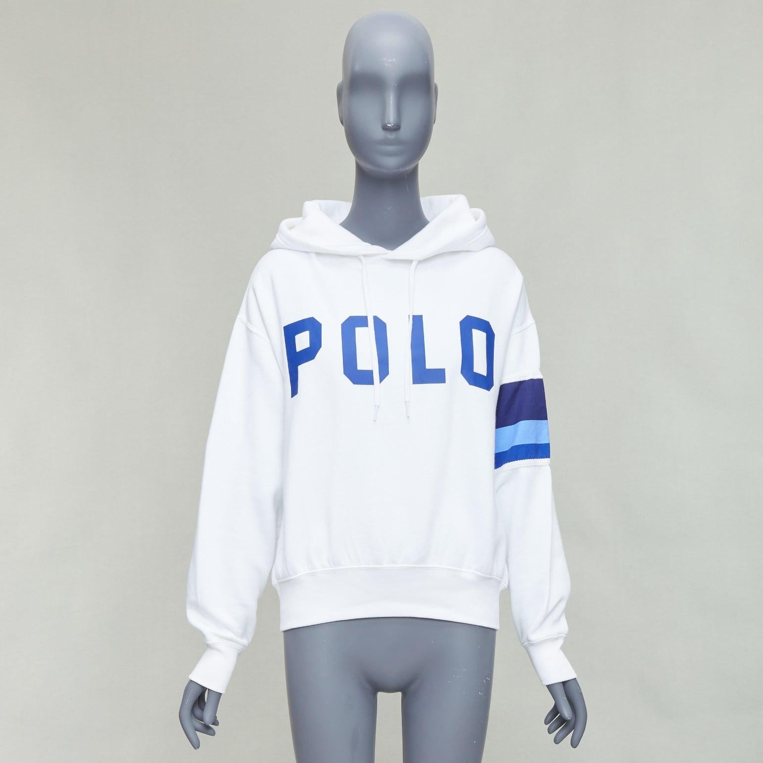POLO RALPH LAUREN white blue cotton blend logo stripe arm hoodie XS For Sale 4