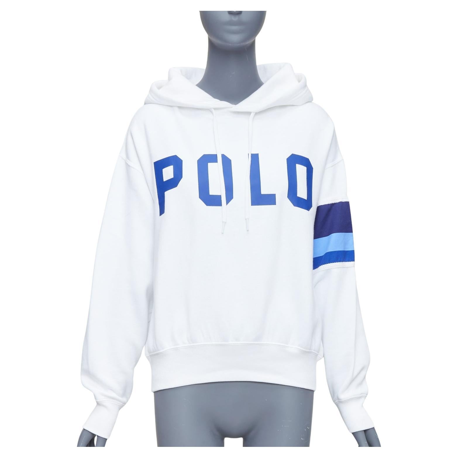 POLO RALPH LAUREN white blue cotton blend logo stripe arm hoodie XS For Sale