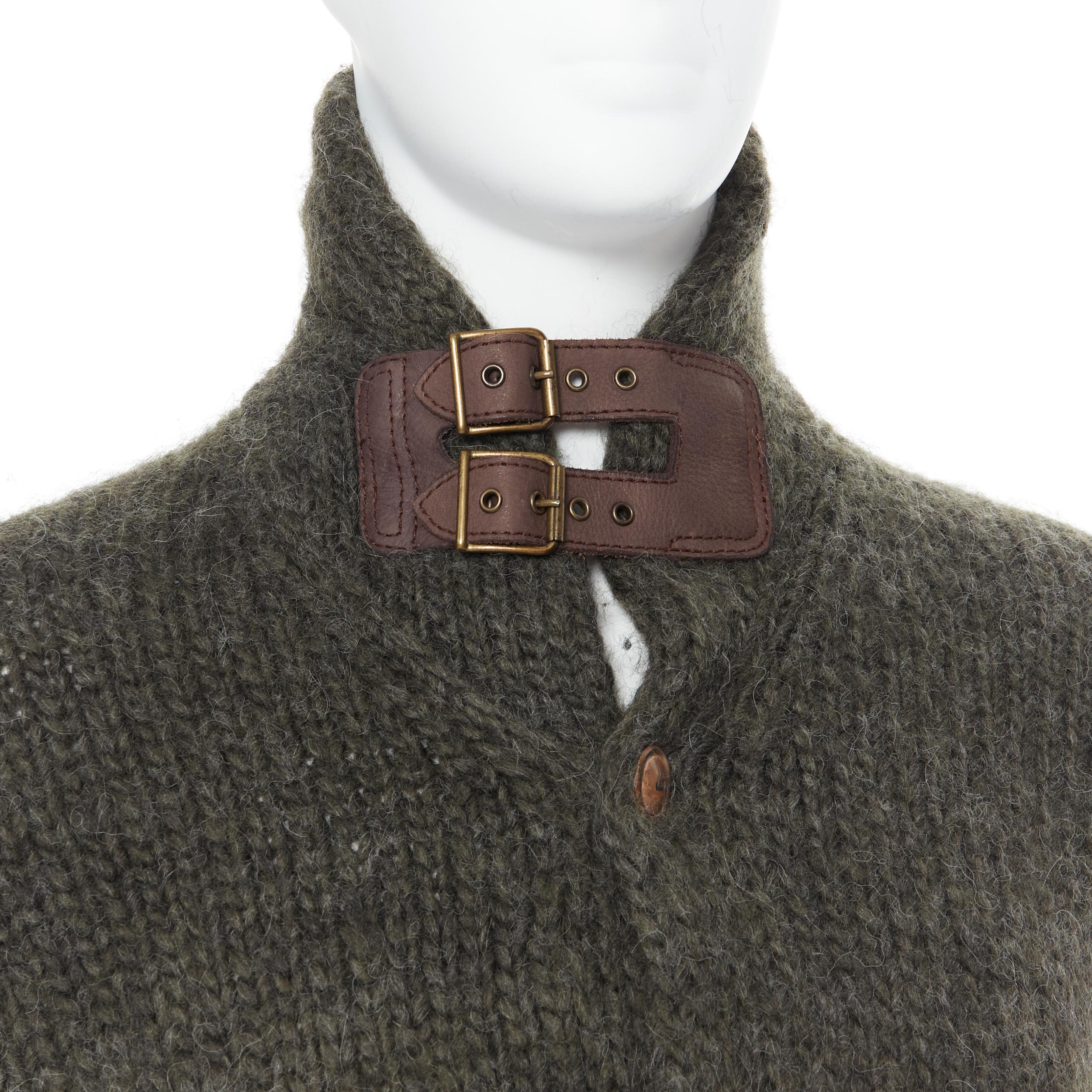 POLO RALPH LAUREN wool alpaca hand knit leather buckle cardigan jacket S Reference: PRCN/A00030 
Brand: Ralph Lauren 
Material: Wool 
Color: Green 
Pattern: Solid 
Closure: Button 
Extra Detail: Alpaca wool blend. Hand knit. Leather buckle design at