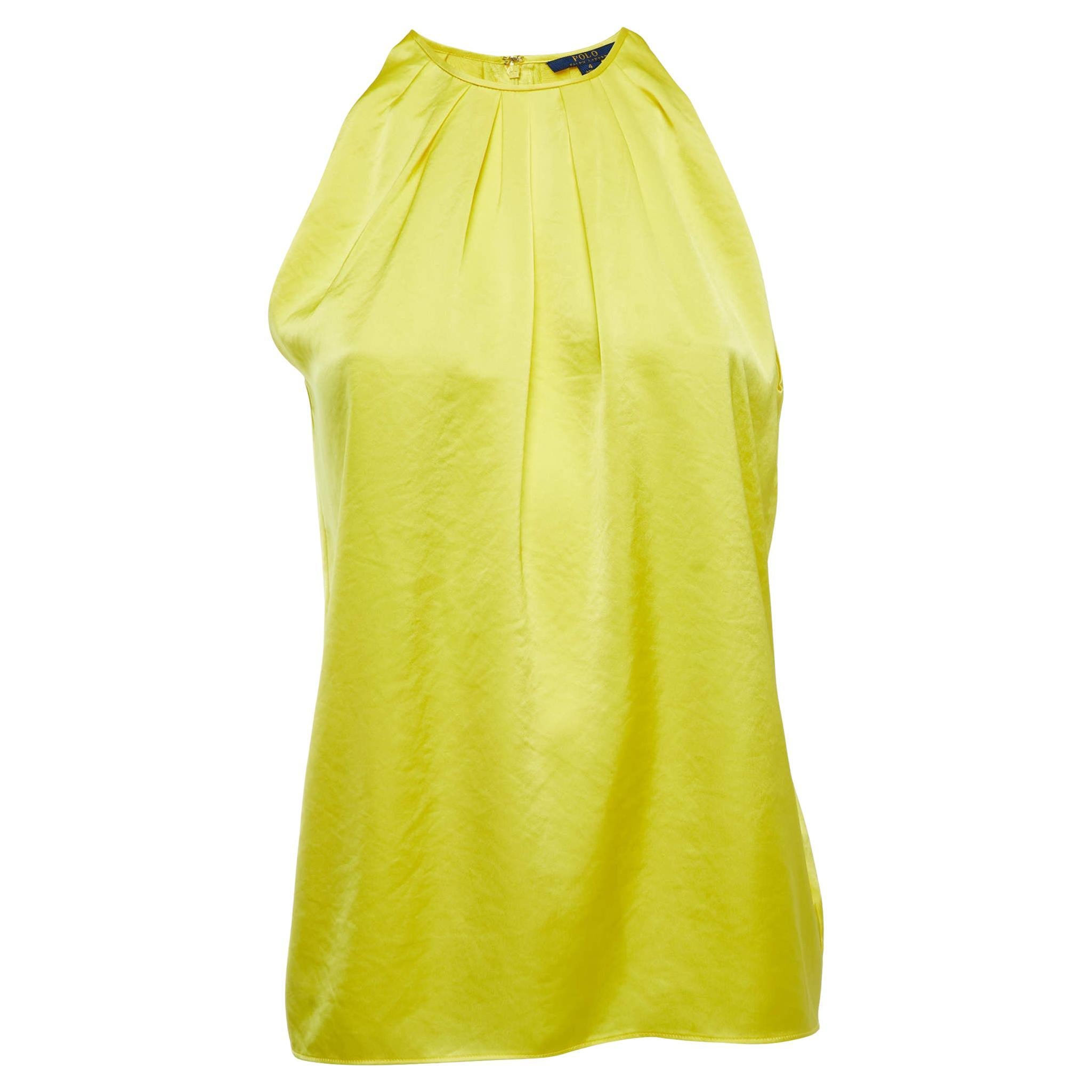 Polo Ralph Lauren Yellow Satin Pleated Back Slit Detailed Sleeveless Top S For Sale