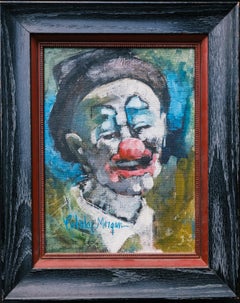 "Portrait of a Clown" Vintage Painting of Smiling Male in Costume Hat Red Nose