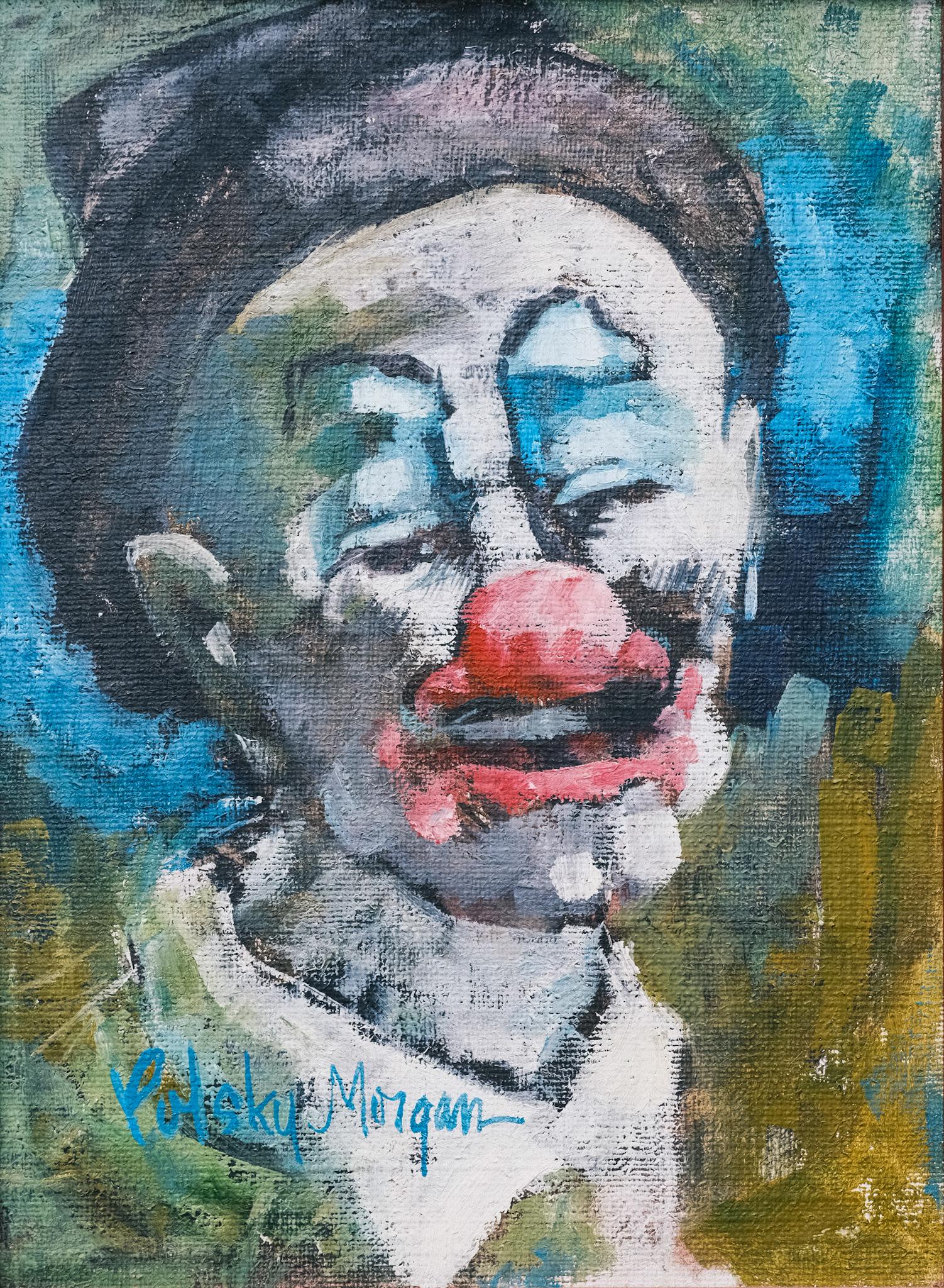 "Porträt eines Clowns" Vintage Gemälde eines lächelnden Mannes im Kostüm Hut rote Nase