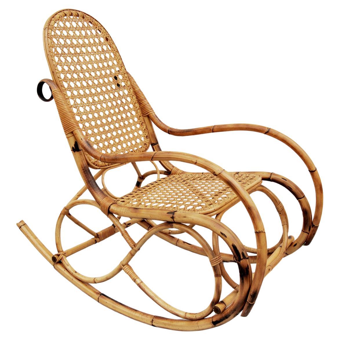 Mid Century bamboo and rattan rocking chair, Italy, 1960s For Sale