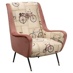 50s-60s armchair in antique pink and beige fabric and velvet