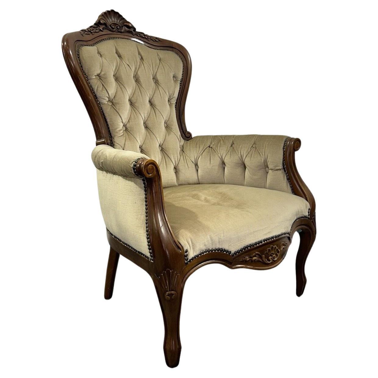 Antique Luigi Filippo Armchair in Mahogany Capitonné Lining Italy '800