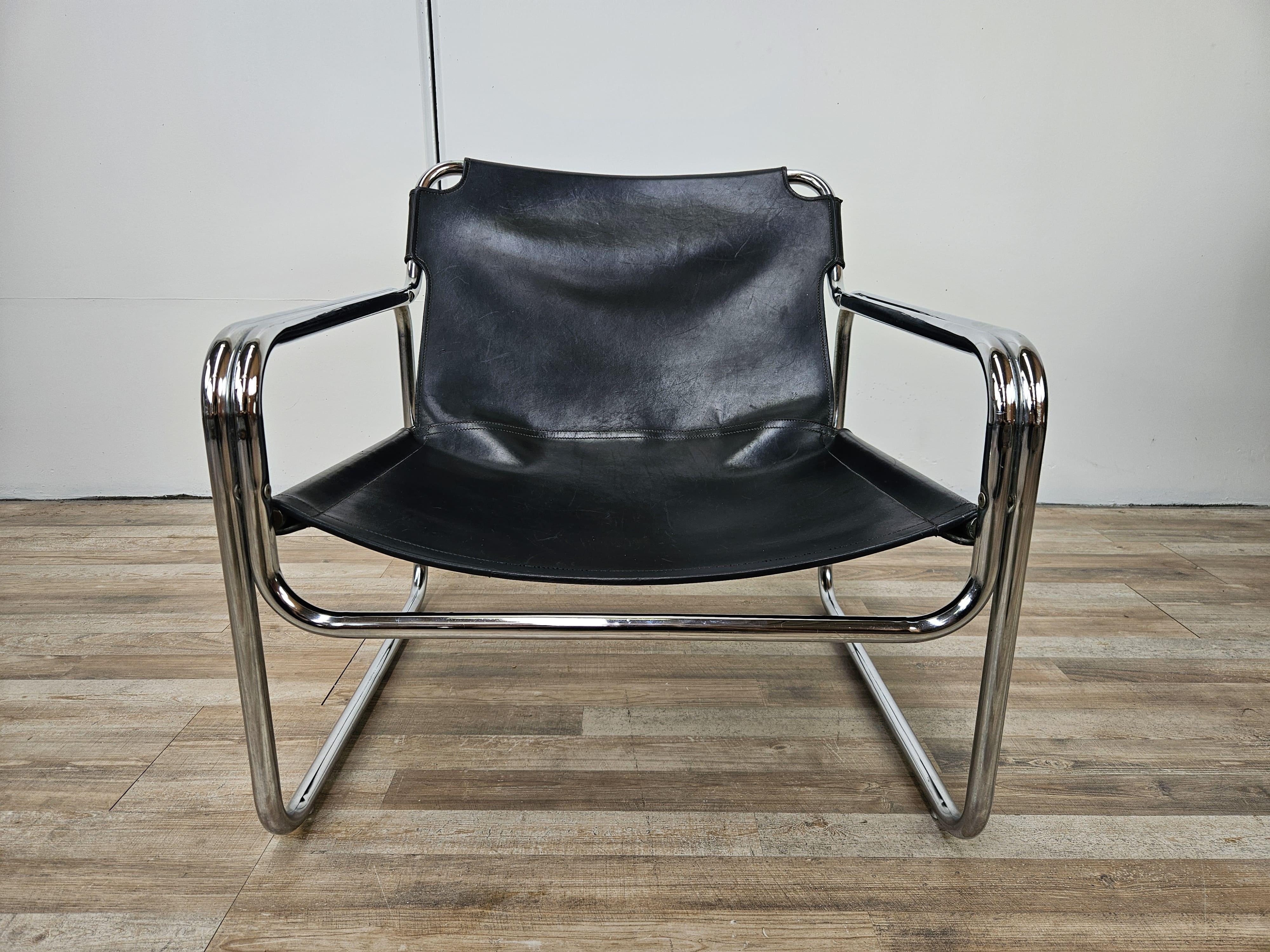 Mid-Century Modern Poltrona Attico di Antonello Mosca in pelle nere e acciaio tubolare, anni '70