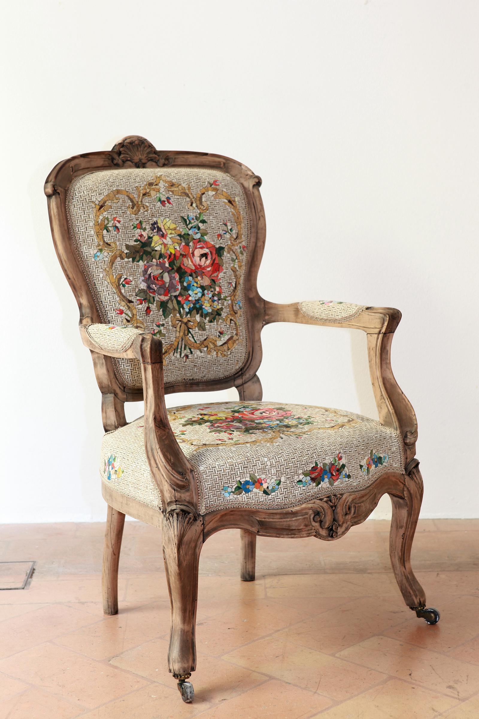 Poltrona Bouquet Antique armchair by Yukiko Nagai.
Dimensions: D65 x W61 x H98 cm.
Material: Marble(Biancone etc.), Natural stone, Venetian color glass, Styrofoam,
Glass fiber, Resin, Cement, Stucco
Weight: 20 kg 

An antique French chair,