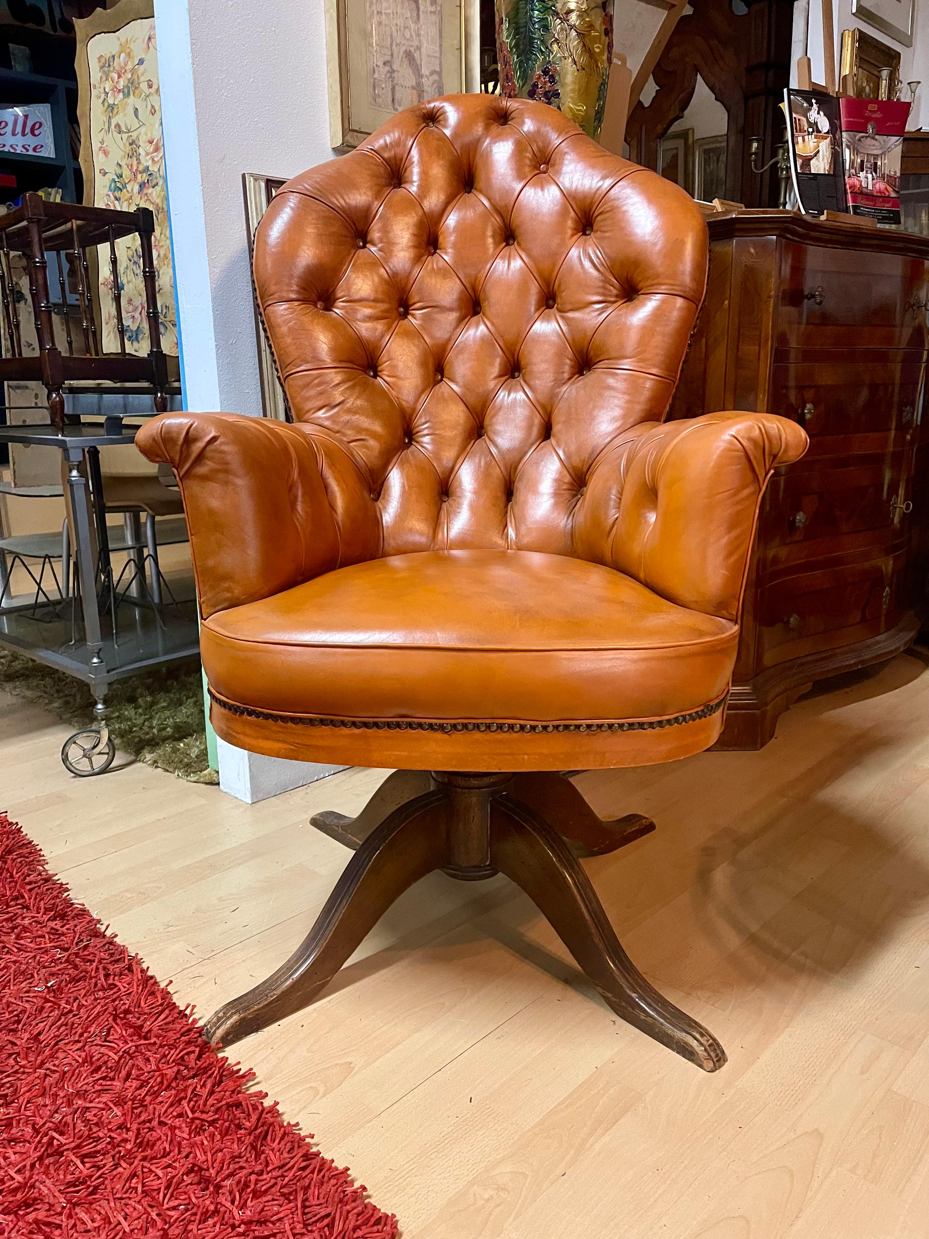 Chesterfield leather swivel armchair italy 1980s For Sale 5