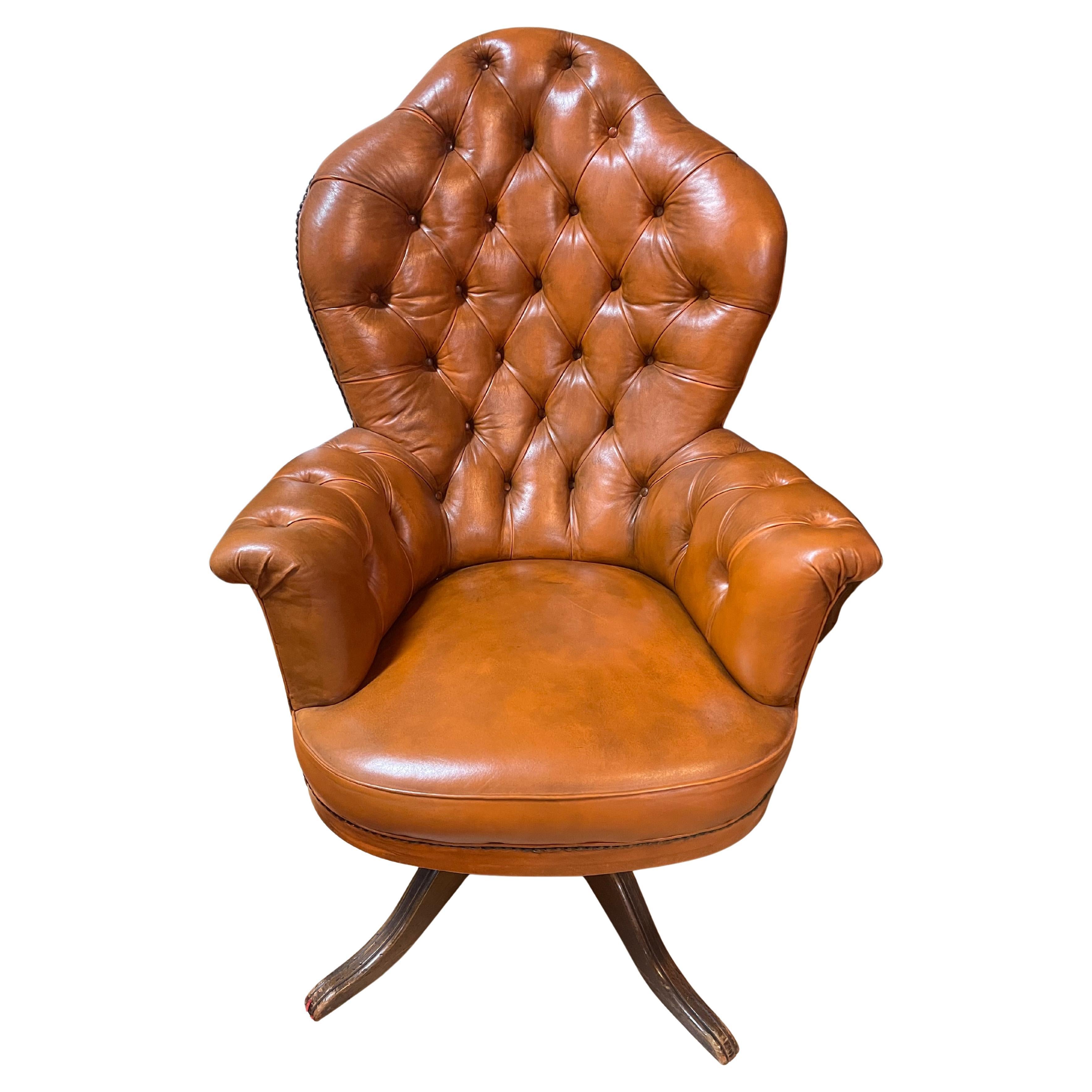 Chesterfield leather swivel armchair italy 1980s