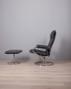 Vintage 70's metal and leather armchair with footstool Italian design