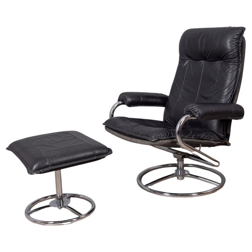 Vintage 70's metal and leather armchair with footstool Italian design For Sale