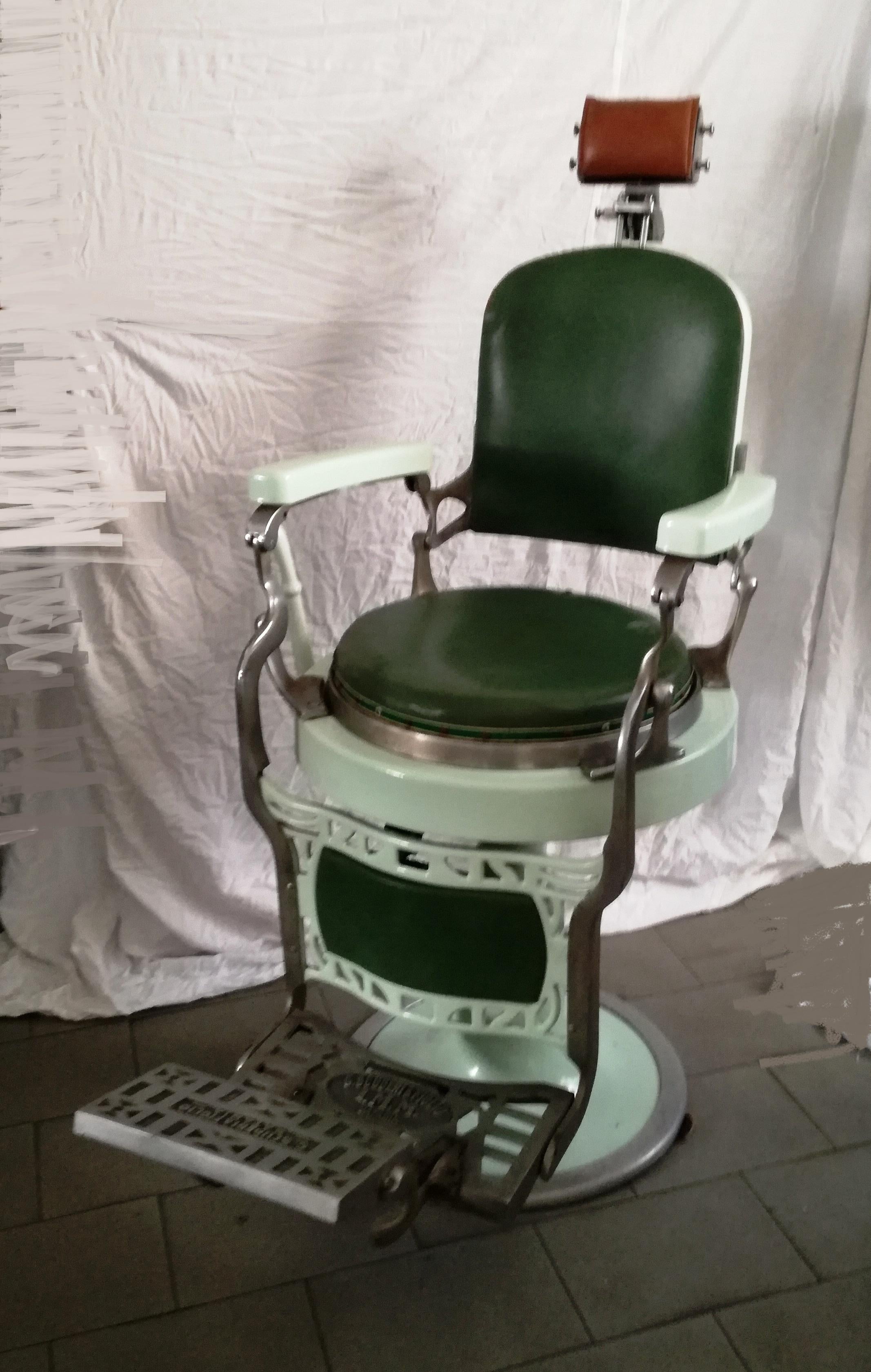 barber armchair, Sicilian. 1930s/40s all original. aluminum frame, skai upholstery, ceramic base and arms. manufacturer G.Scuderi. I.M.M Catania. Sicily functioning and reclining.