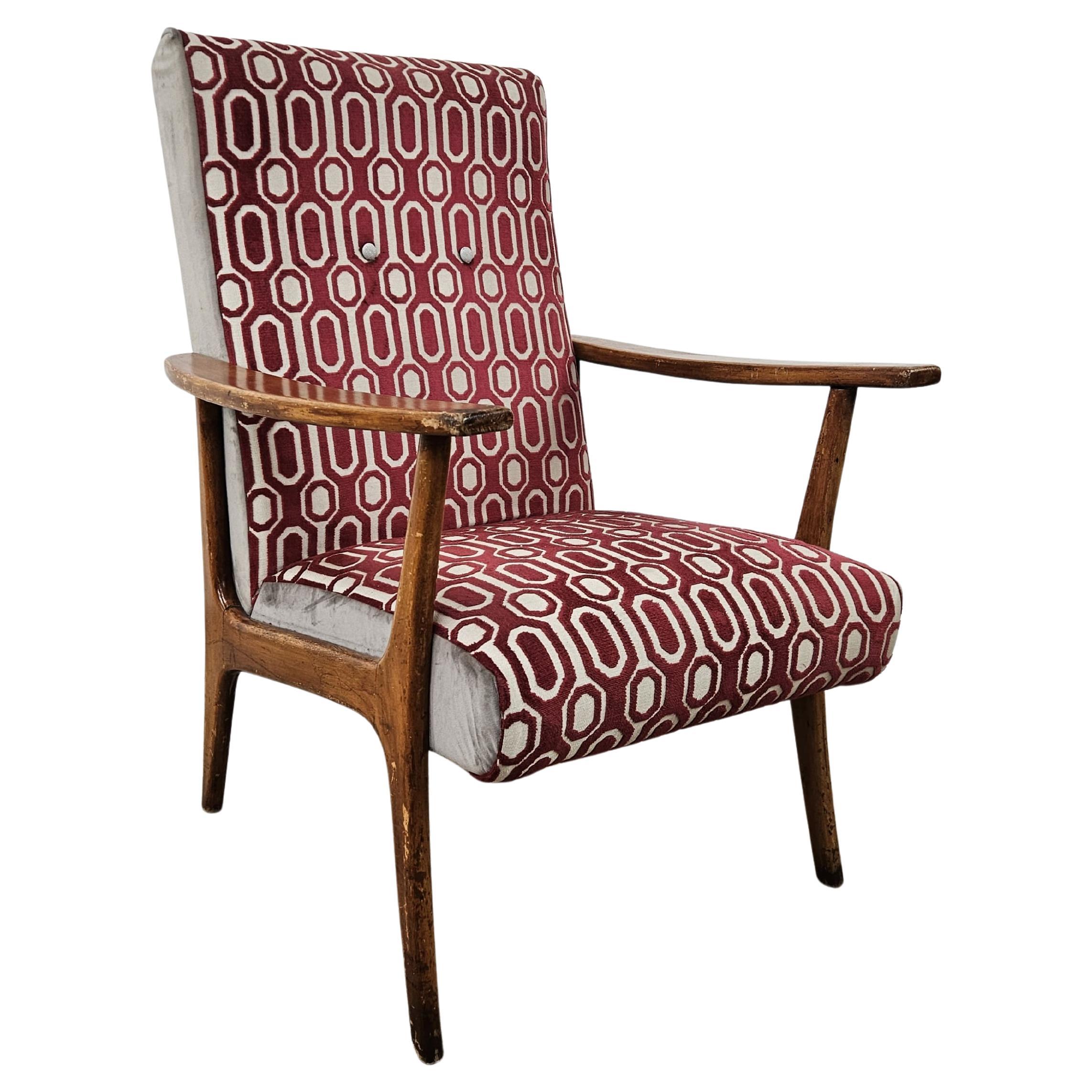 Italian 1950s wood and fabric reading armchair
