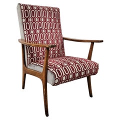 Sillón de lectura italiano de madera y tela de los años 50