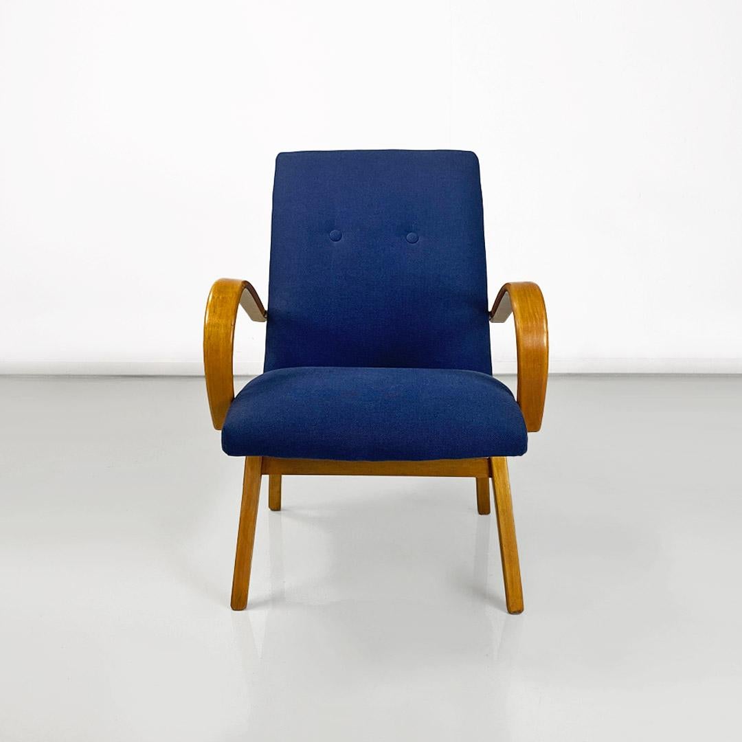 Mid-Century Modern Danish mid-century beech wood and blue cotton armchair with armrests, 1960s