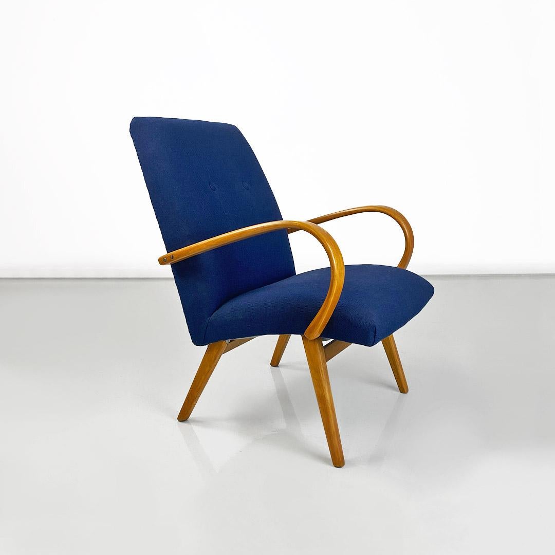Danish mid-century beech wood and blue cotton armchair with armrests, 1960s In Good Condition In MIlano, IT