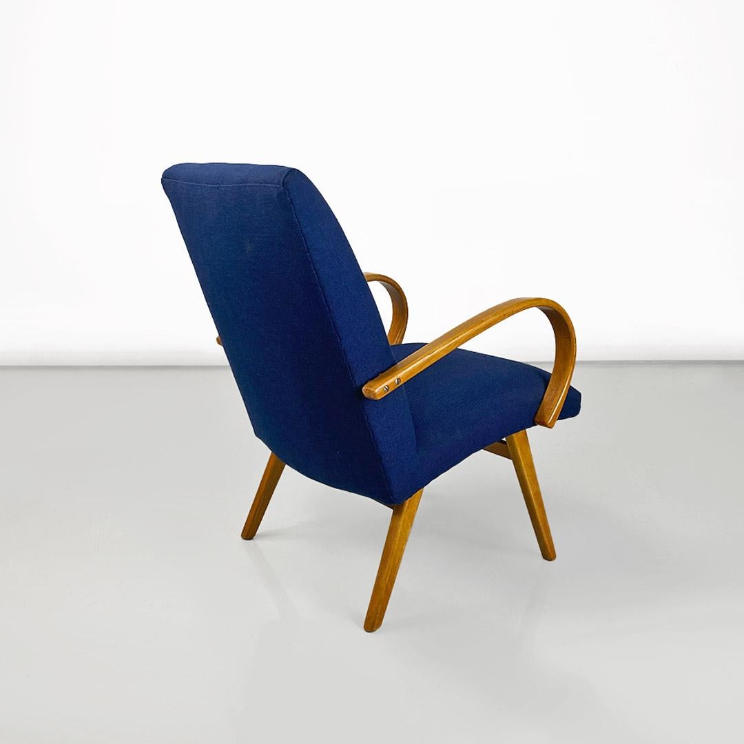 Cotton Danish mid-century beech wood and blue cotton armchair with armrests, 1960s