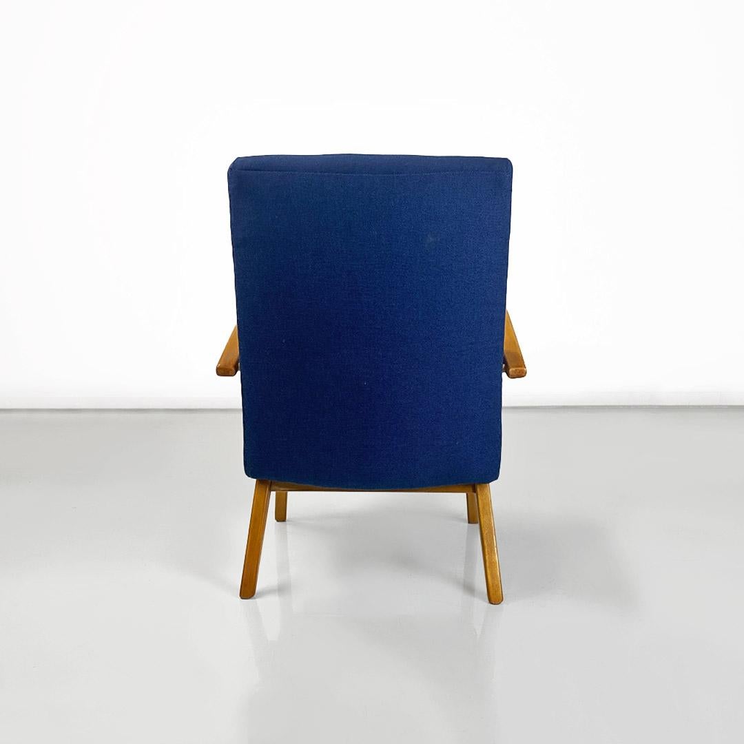 Danish mid-century beech wood and blue cotton armchair with armrests, 1960s 1
