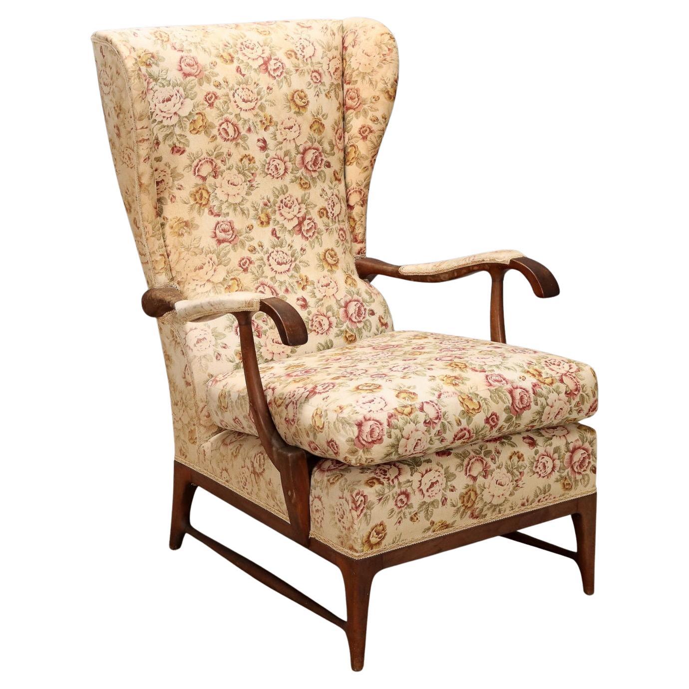 Mid-Century Modern Armchair, Beech Wood, Fabric, Italy, 1950 For Sale