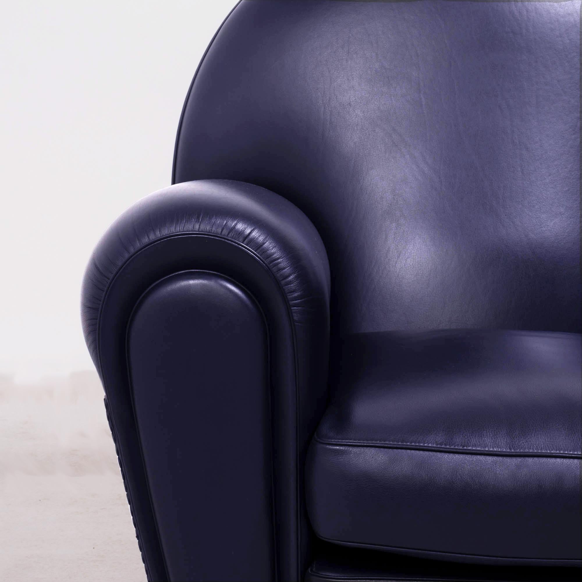 Poltrona Frau, Art Deco Style Dark Blue Leather Sofa and 2 Armchairs Set 5
