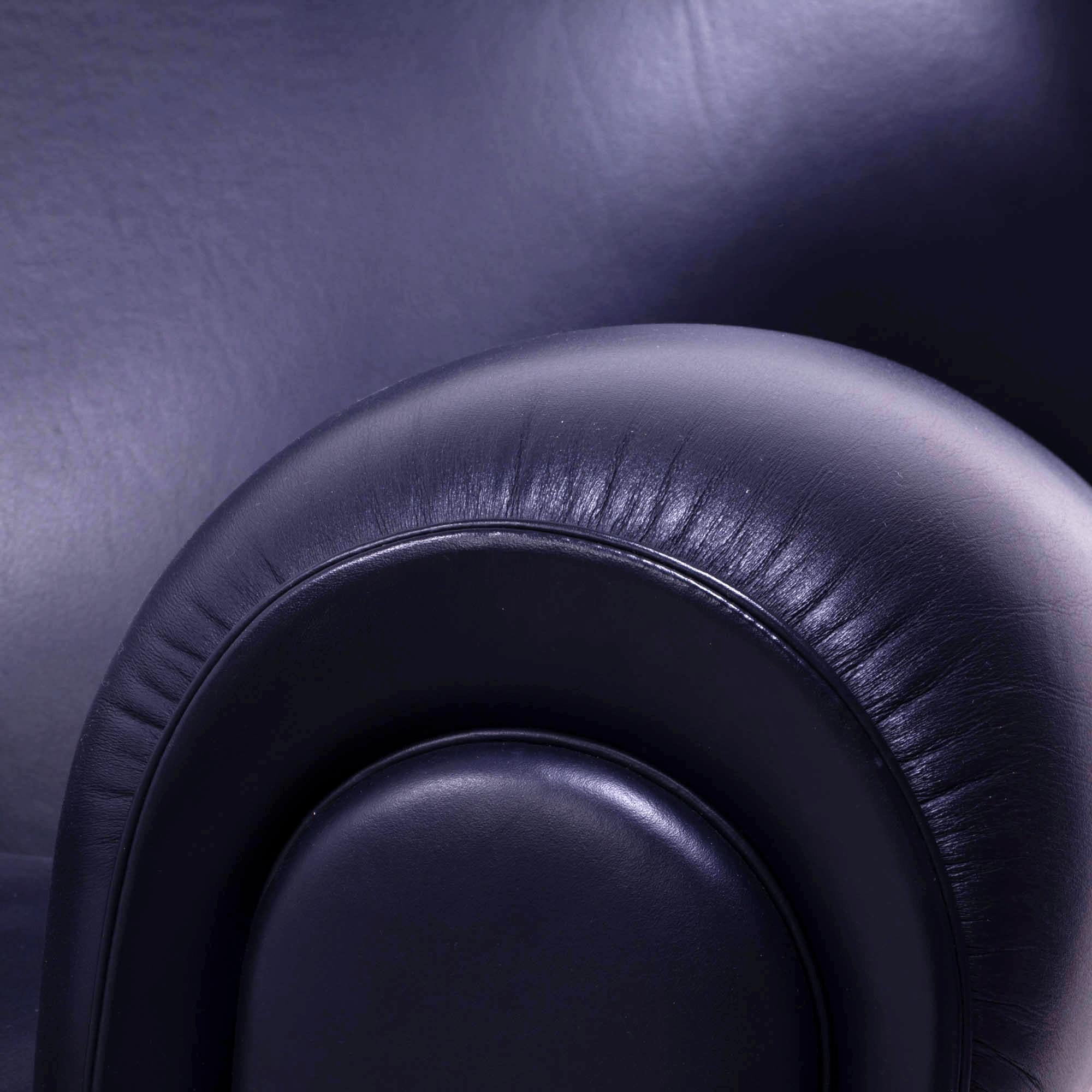 Poltrona Frau, Art Deco Style Dark Blue Leather Sofa and 2 Armchairs Set 6