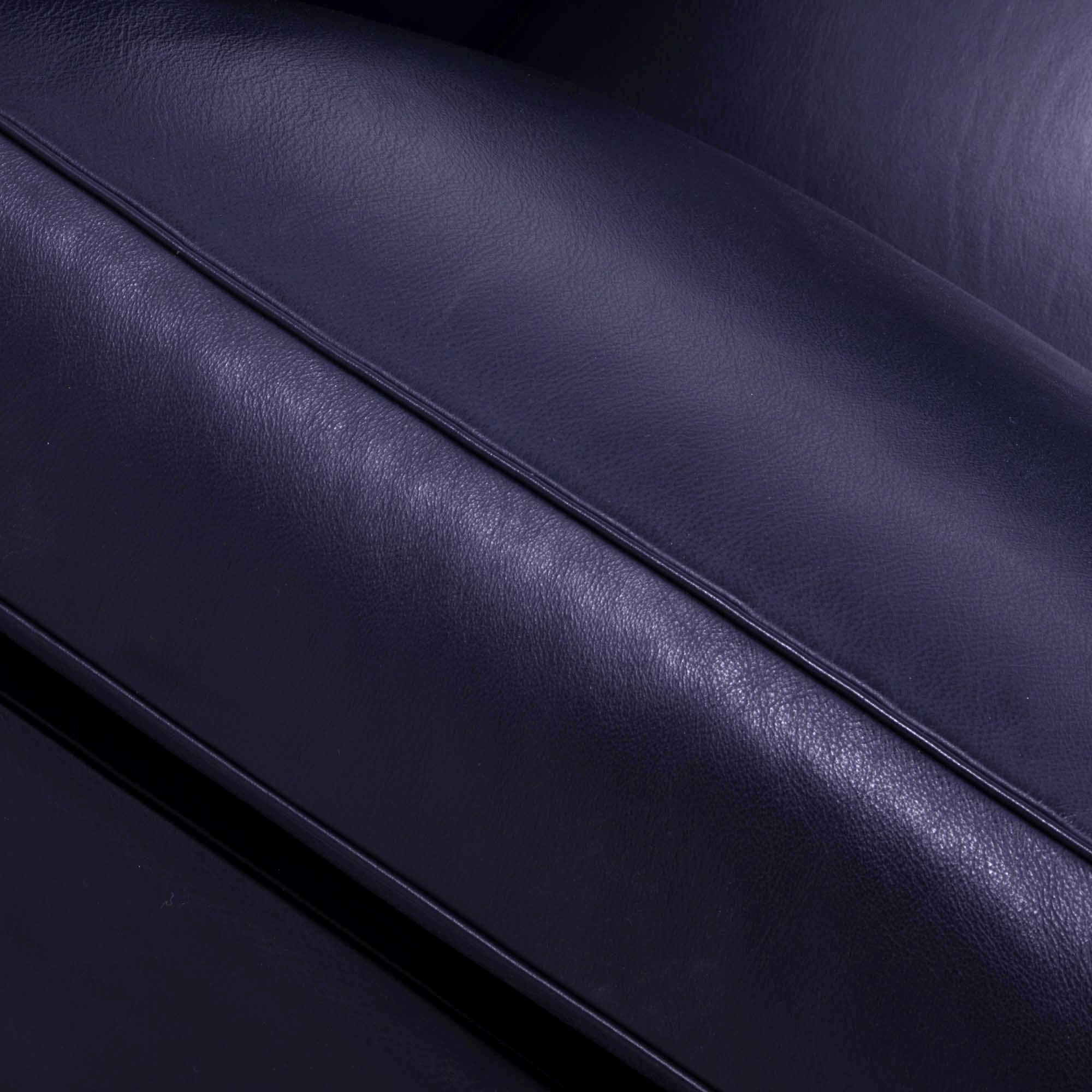 Poltrona Frau, Art Deco Style Dark Blue Leather Sofa and 2 Armchairs Set 10