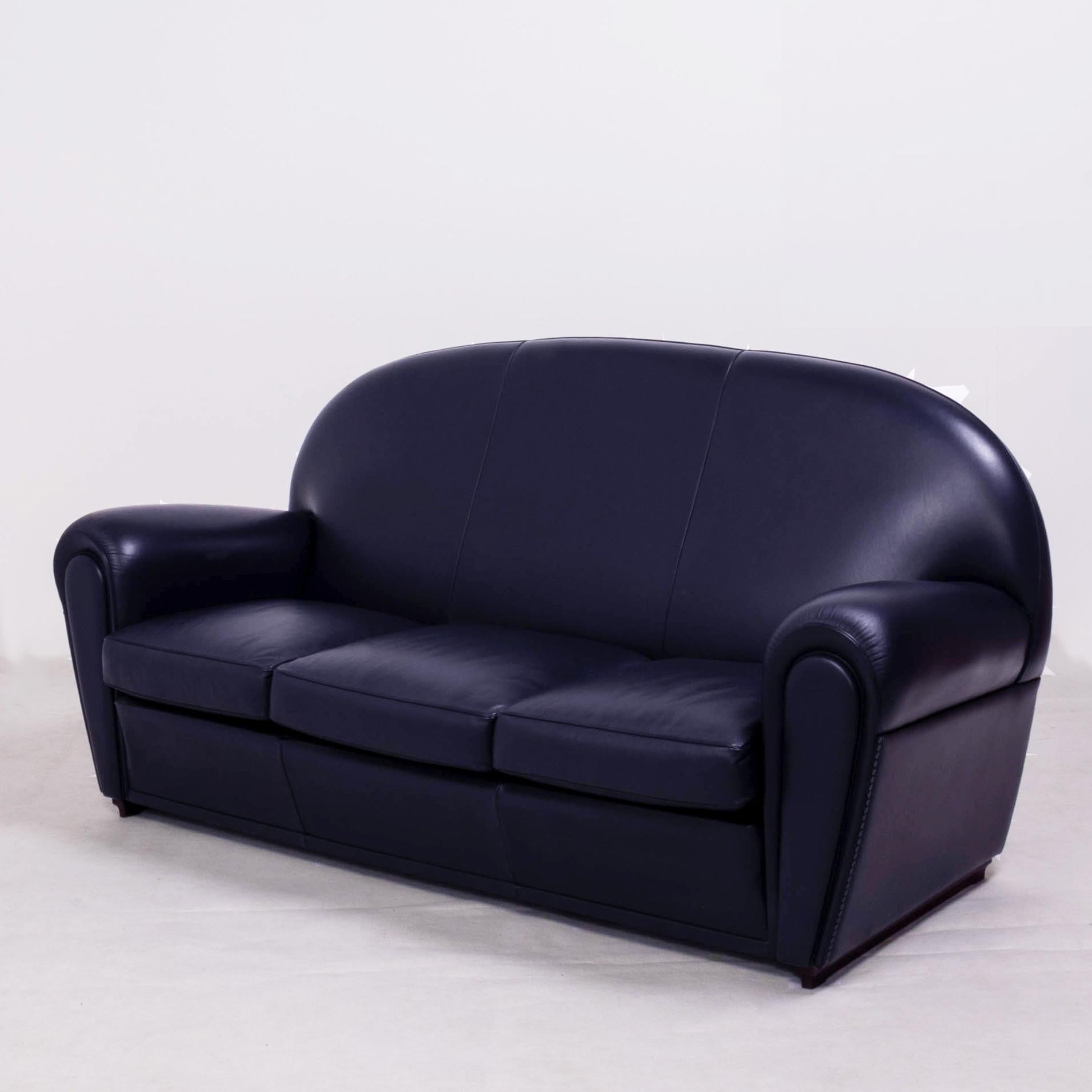 Italian Poltrona Frau, Art Deco Style Dark Blue Leather Sofa and 2 Armchairs Set