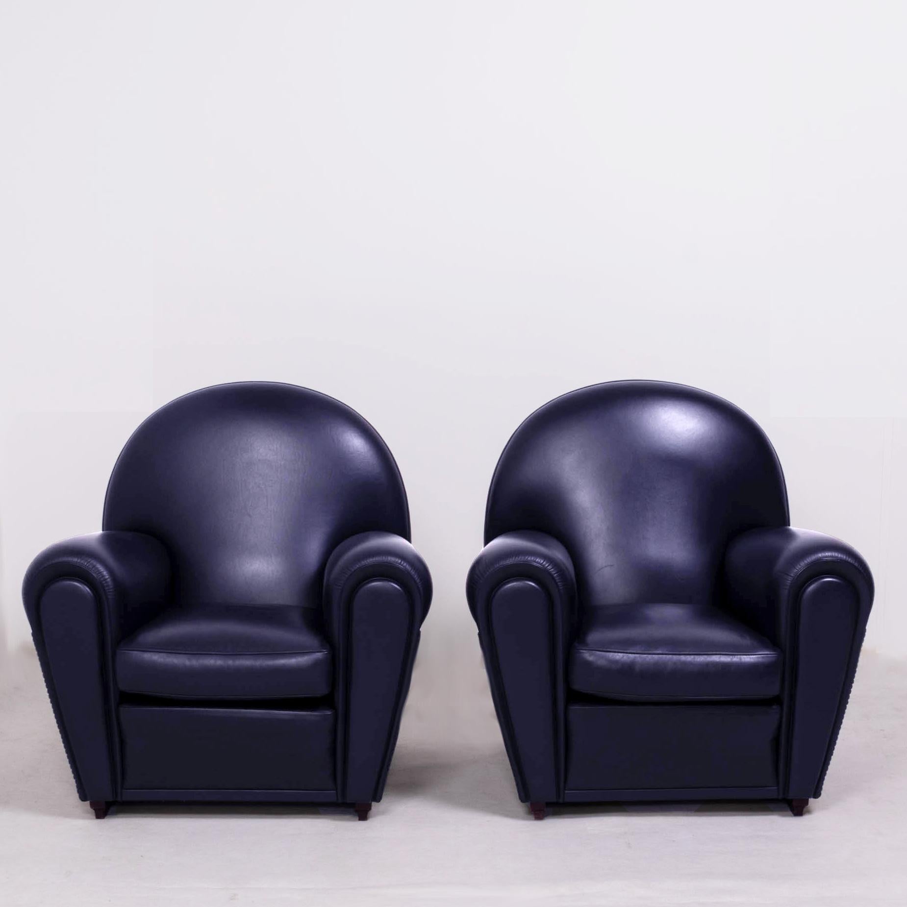 Contemporary Poltrona Frau, Art Deco Style Dark Blue Leather Sofa and 2 Armchairs Set