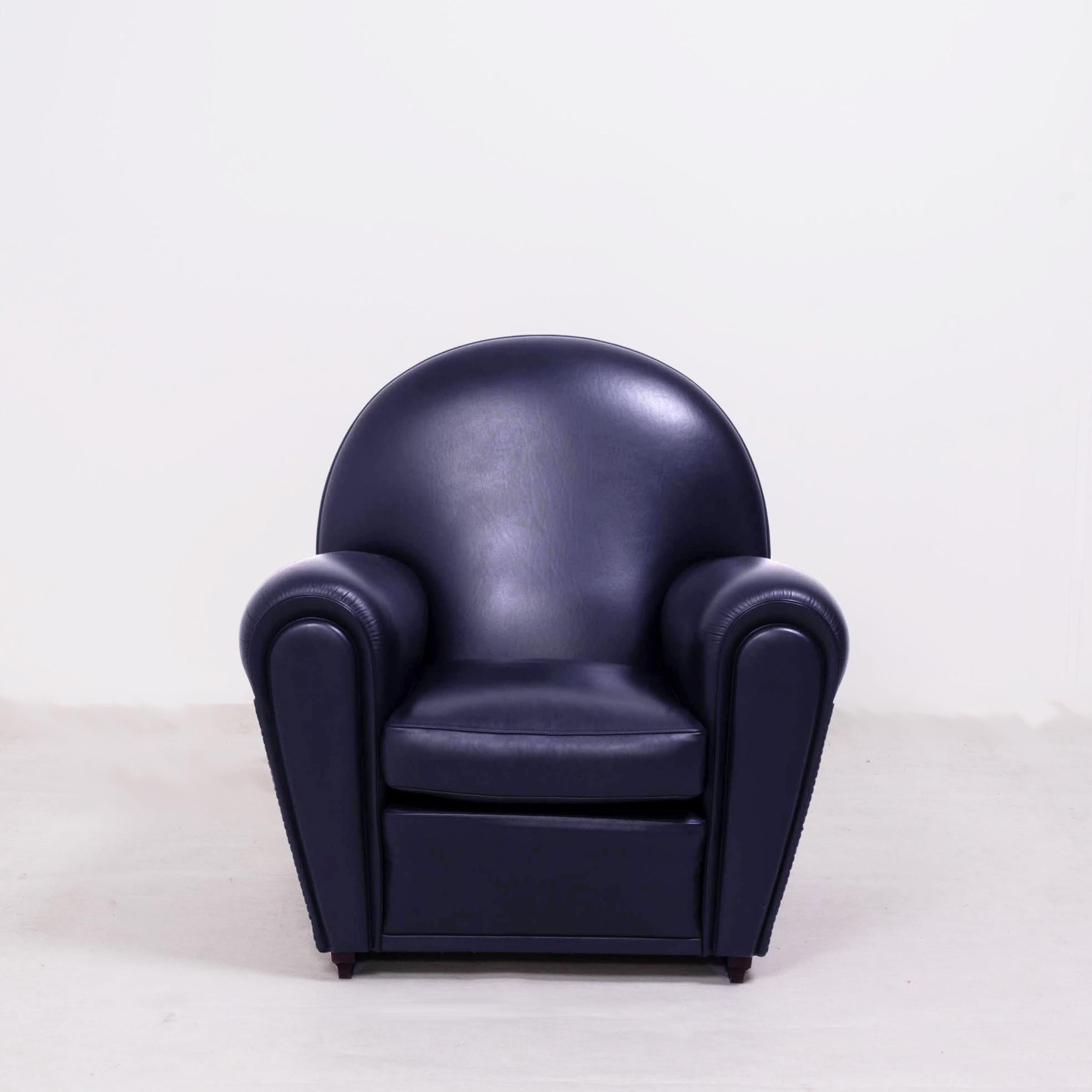 Poltrona Frau, Art Deco Style Dark Blue Leather Sofa and 2 Armchairs Set 1