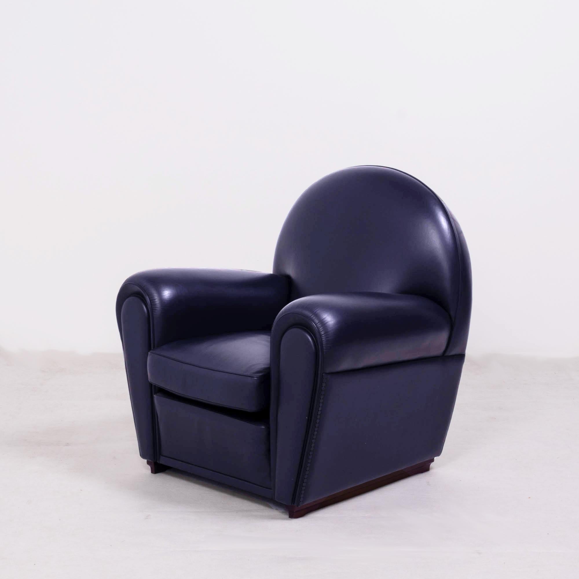 Poltrona Frau, Art Deco Style Dark Blue Leather Sofa and 2 Armchairs Set 2